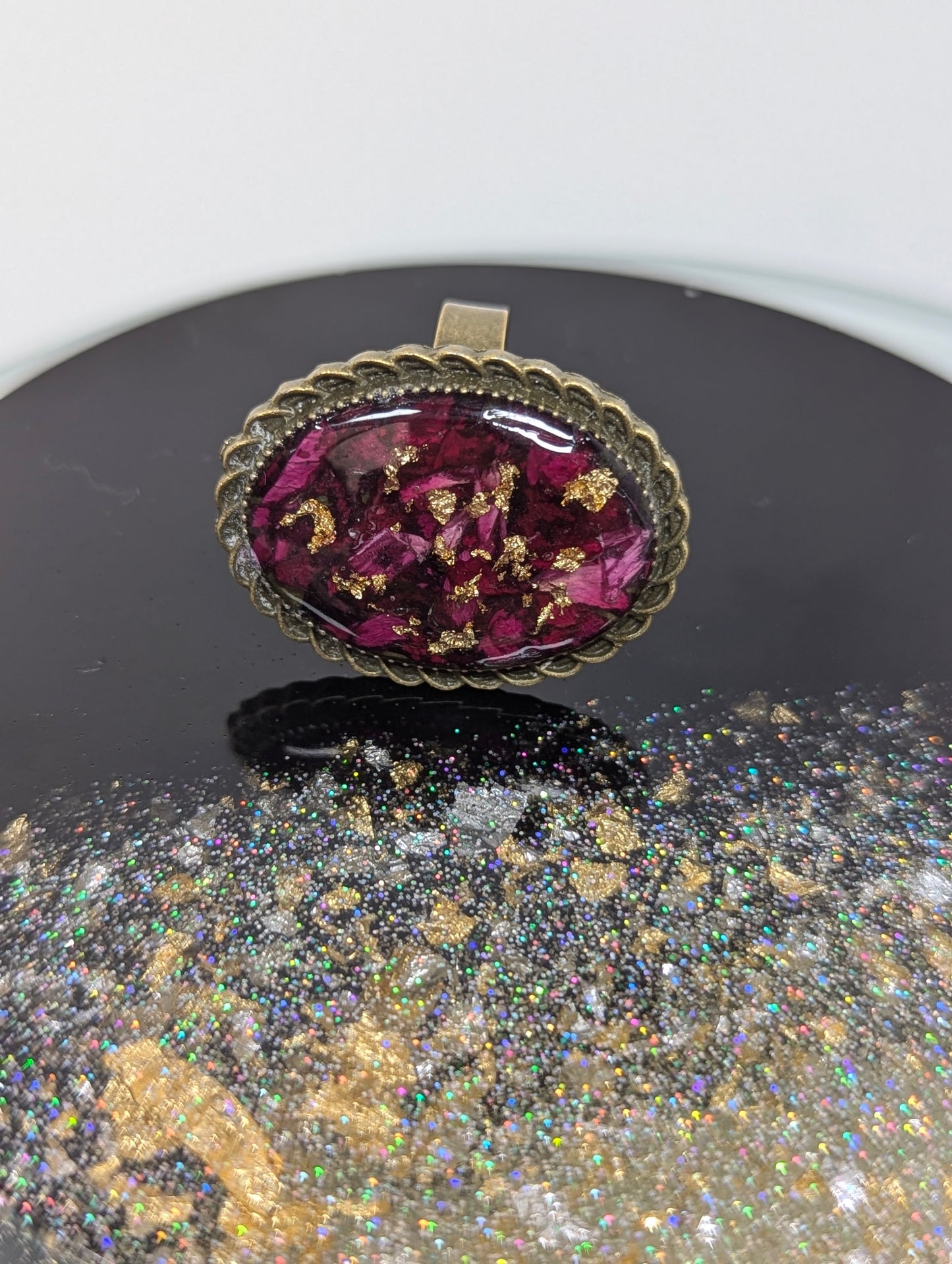 Dry Rose Petals With Gold Flakes Resin Ring