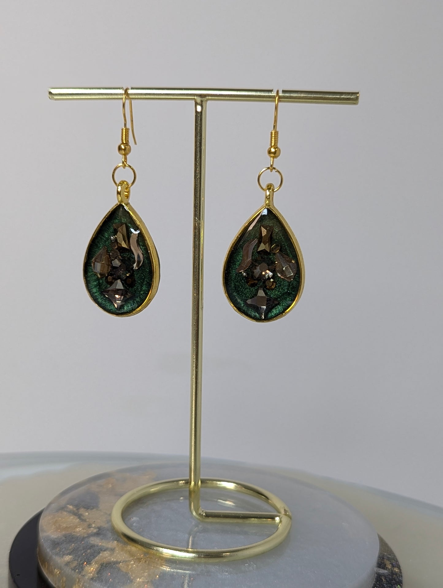 Green with Rhinestones Resin Earrings