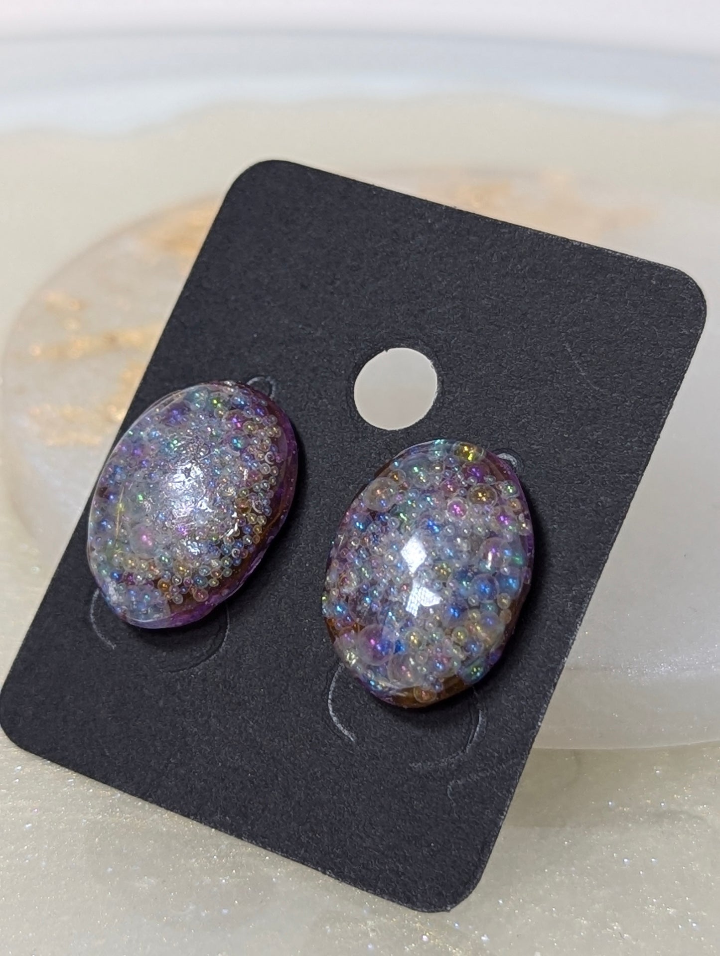Lavender Resin Stud Earrings with Rainbow Bubbles