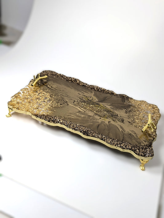 Gold Bronze Resin Tray with Gold Flakes and Golden Stones