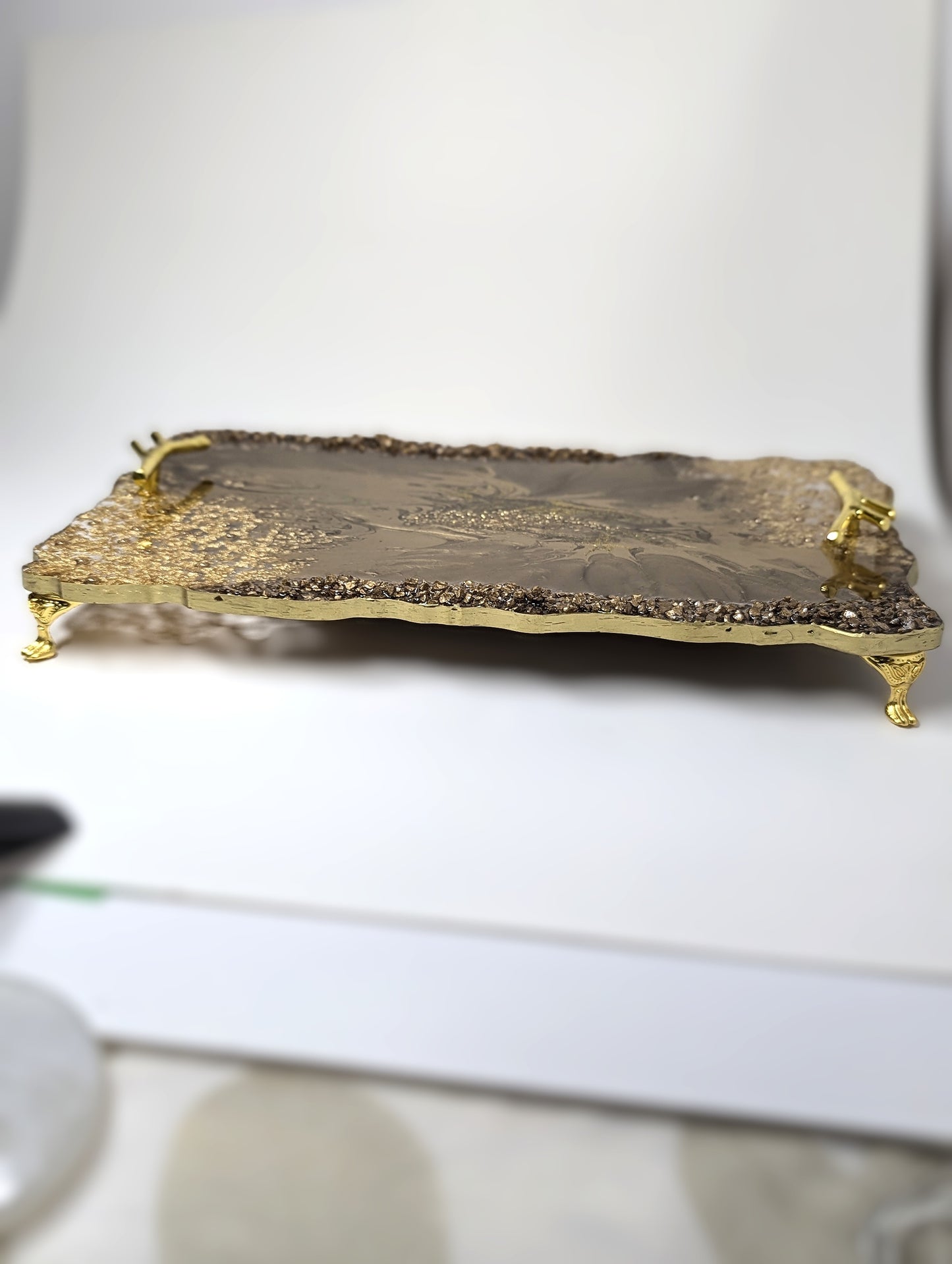 Gold Bronze Resin Tray with Gold Flakes and Golden Stones