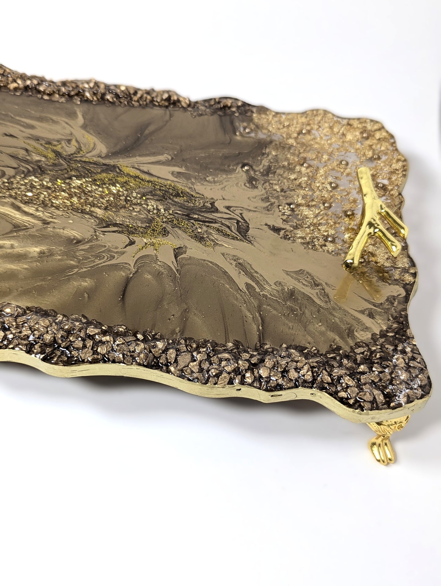 Gold Bronze Resin Tray with Gold Flakes and Golden Stones