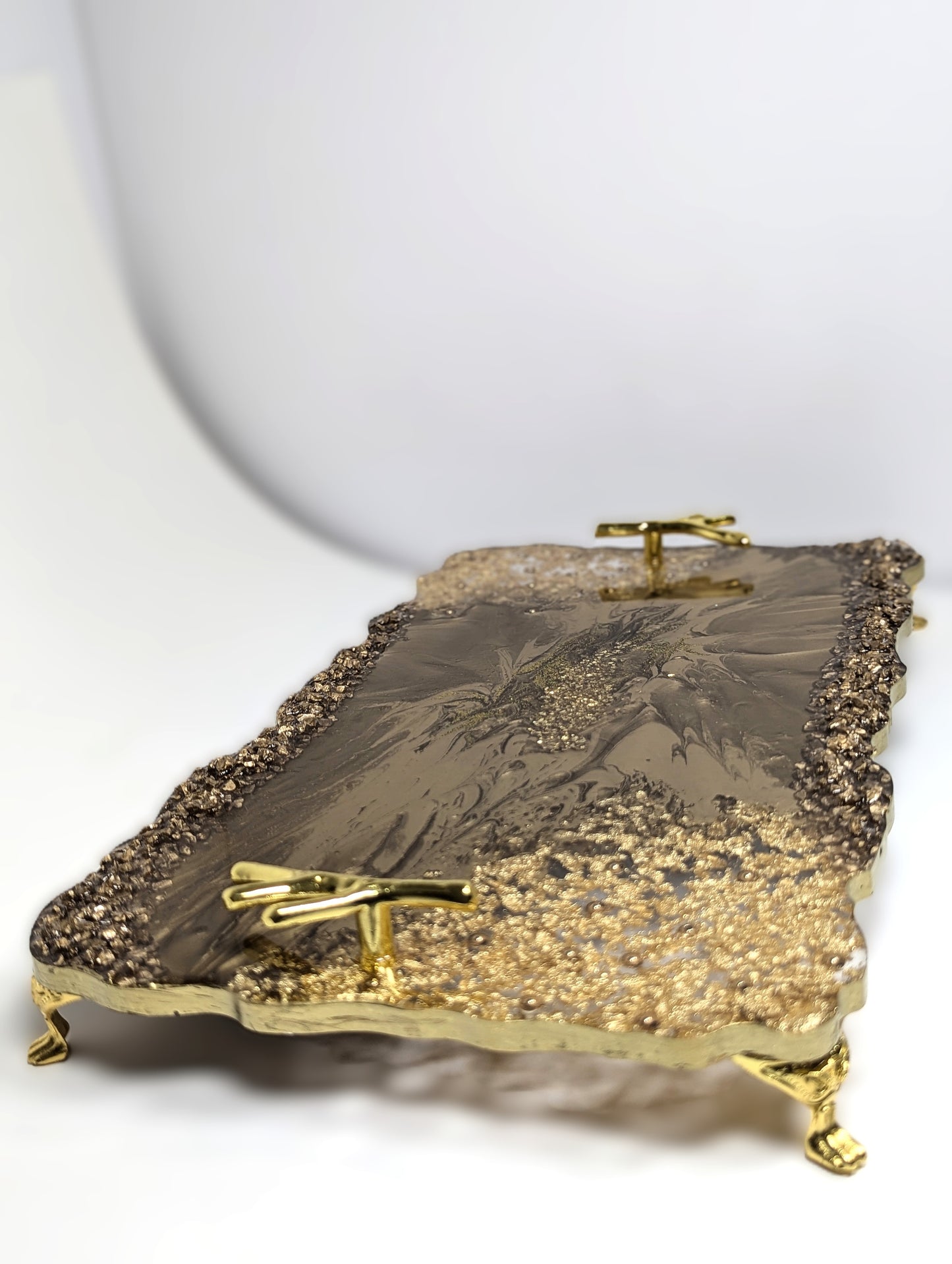 Gold Bronze Resin Tray with Gold Flakes and Golden Stones