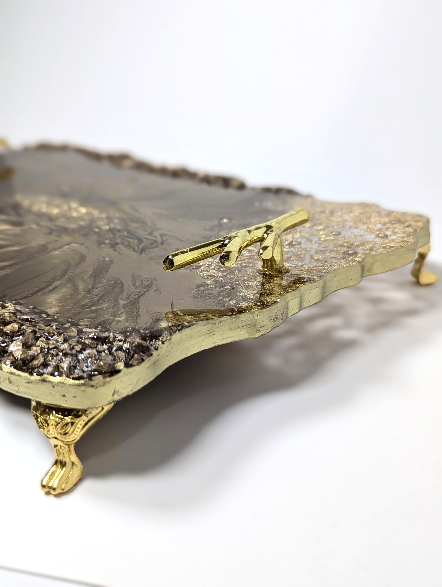 Gold Bronze Resin Tray with Gold Flakes and Golden Stones