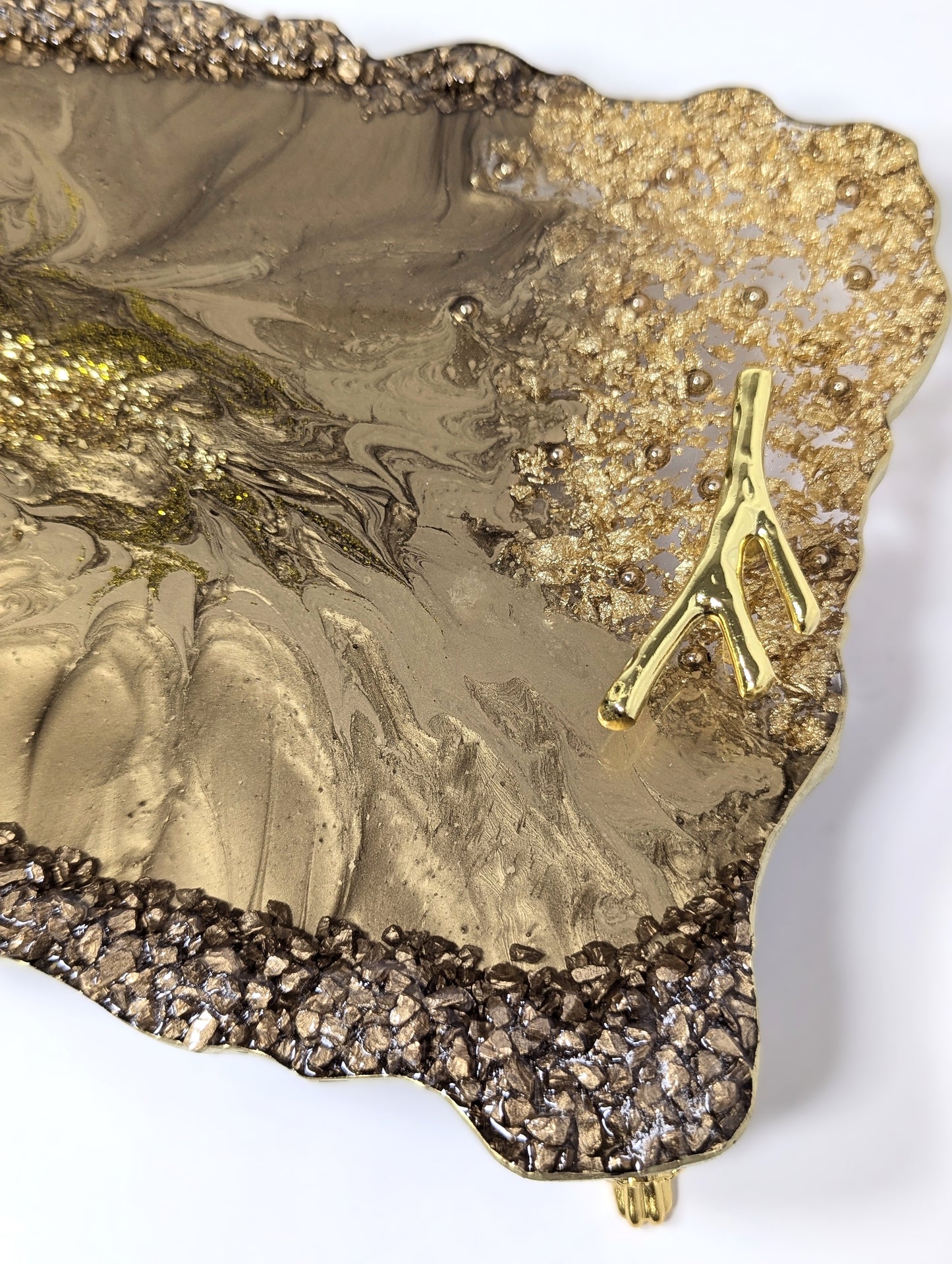 Gold Bronze Resin Tray with Gold Flakes and Golden Stones