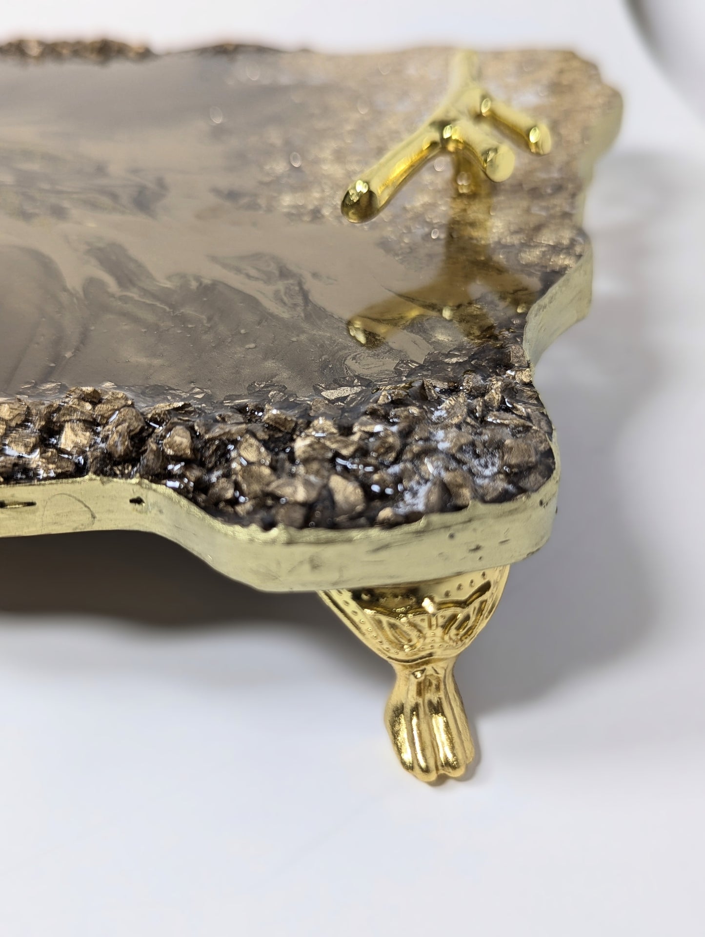 Gold Bronze Resin Tray with Gold Flakes and Golden Stones