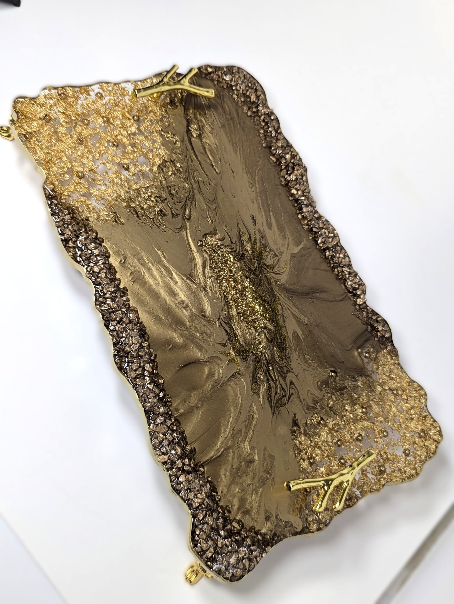 Gold Bronze Resin Tray with Gold Flakes and Golden Stones