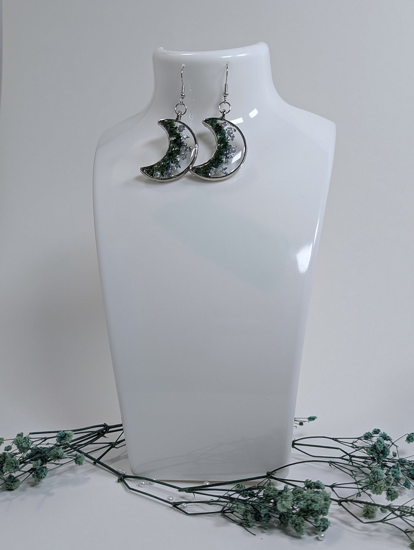 Dried Manzanita Flower Resin Moon Earrings