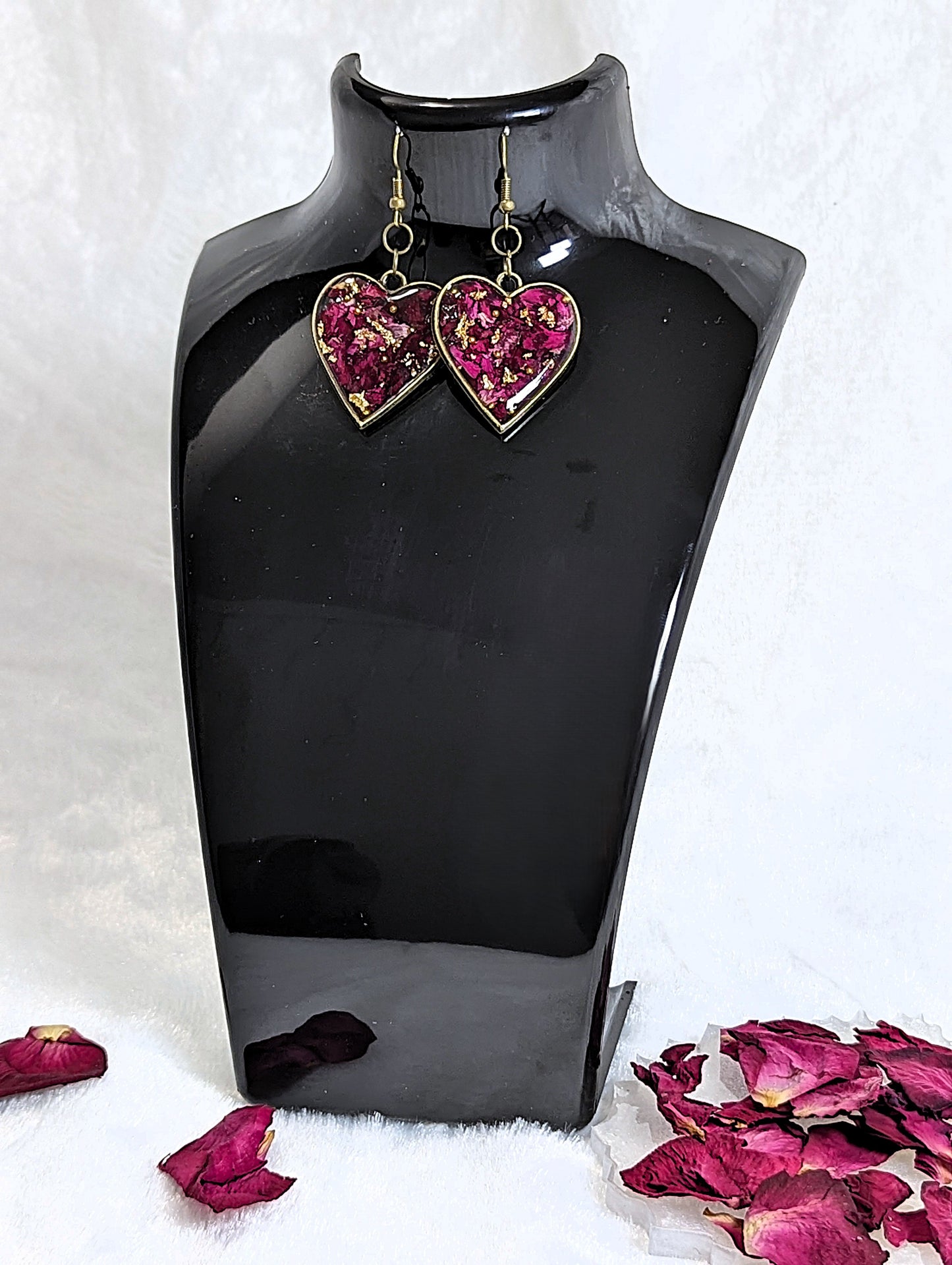 Real Red Rose Petal Heart Resin Earrings