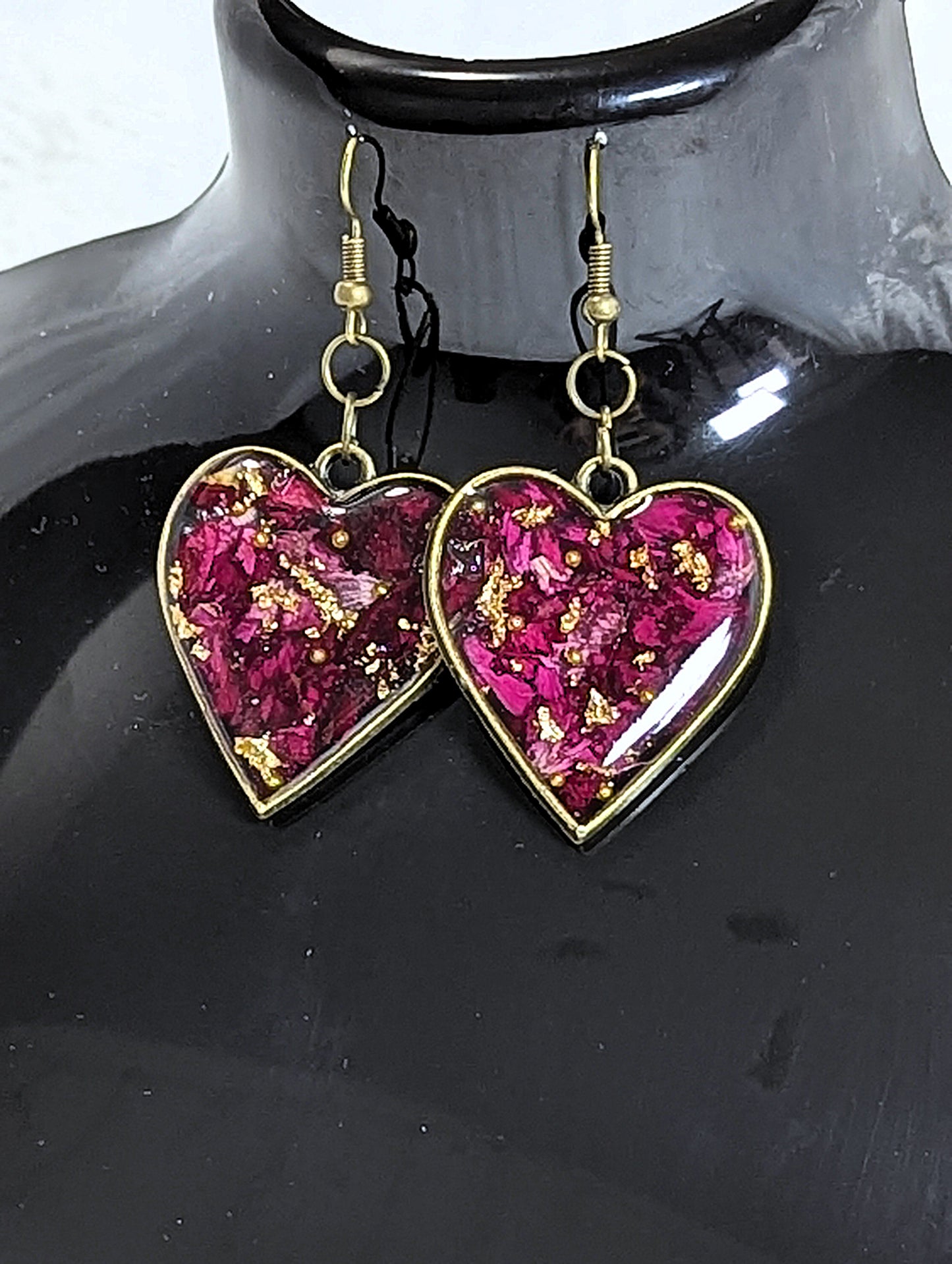 Real Red Rose Petal Heart Resin Earrings