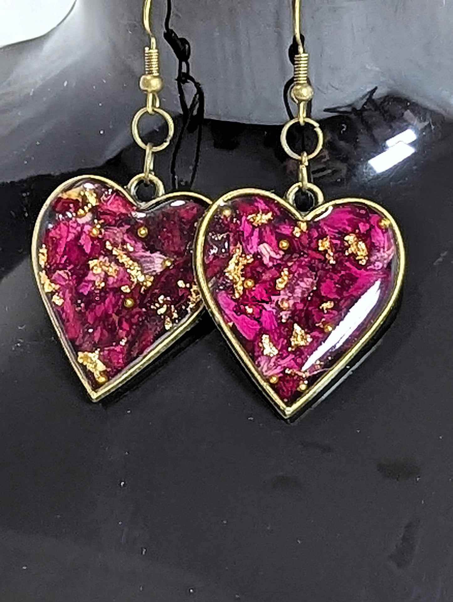 Real Red Rose Petal Heart Resin Earrings