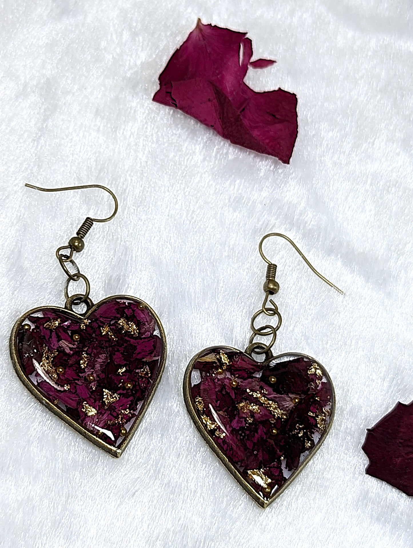Real Red Rose Petal Heart Resin Earrings