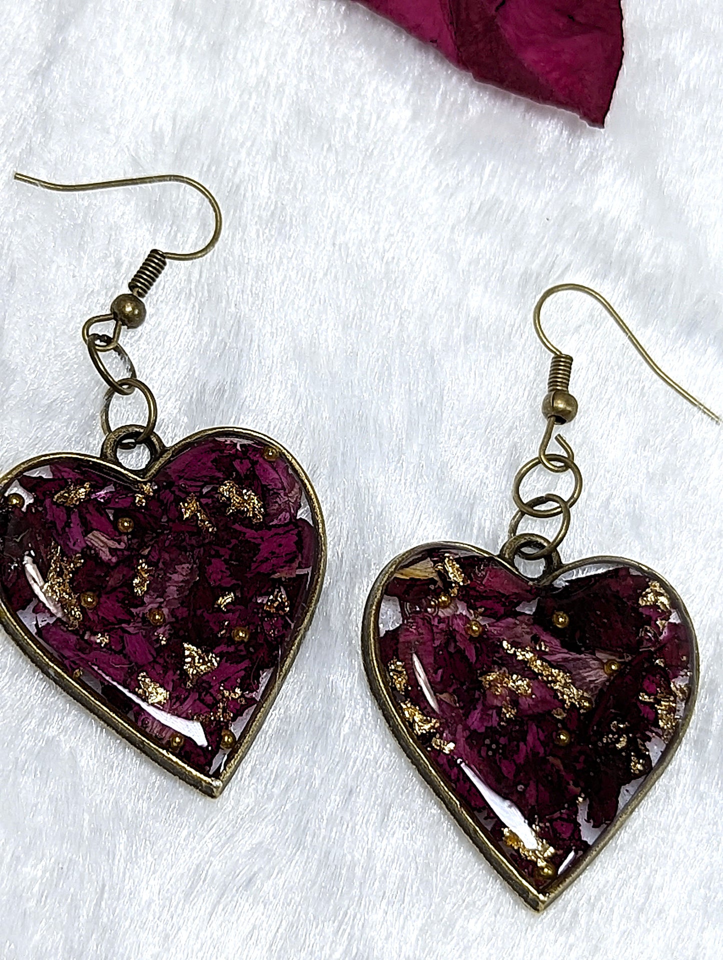 Real Red Rose Petal Heart Resin Earrings