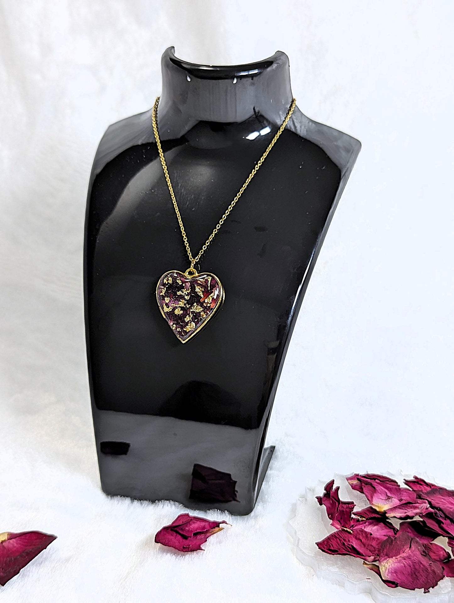 Real Red Rose Petal Heart Resin Necklace