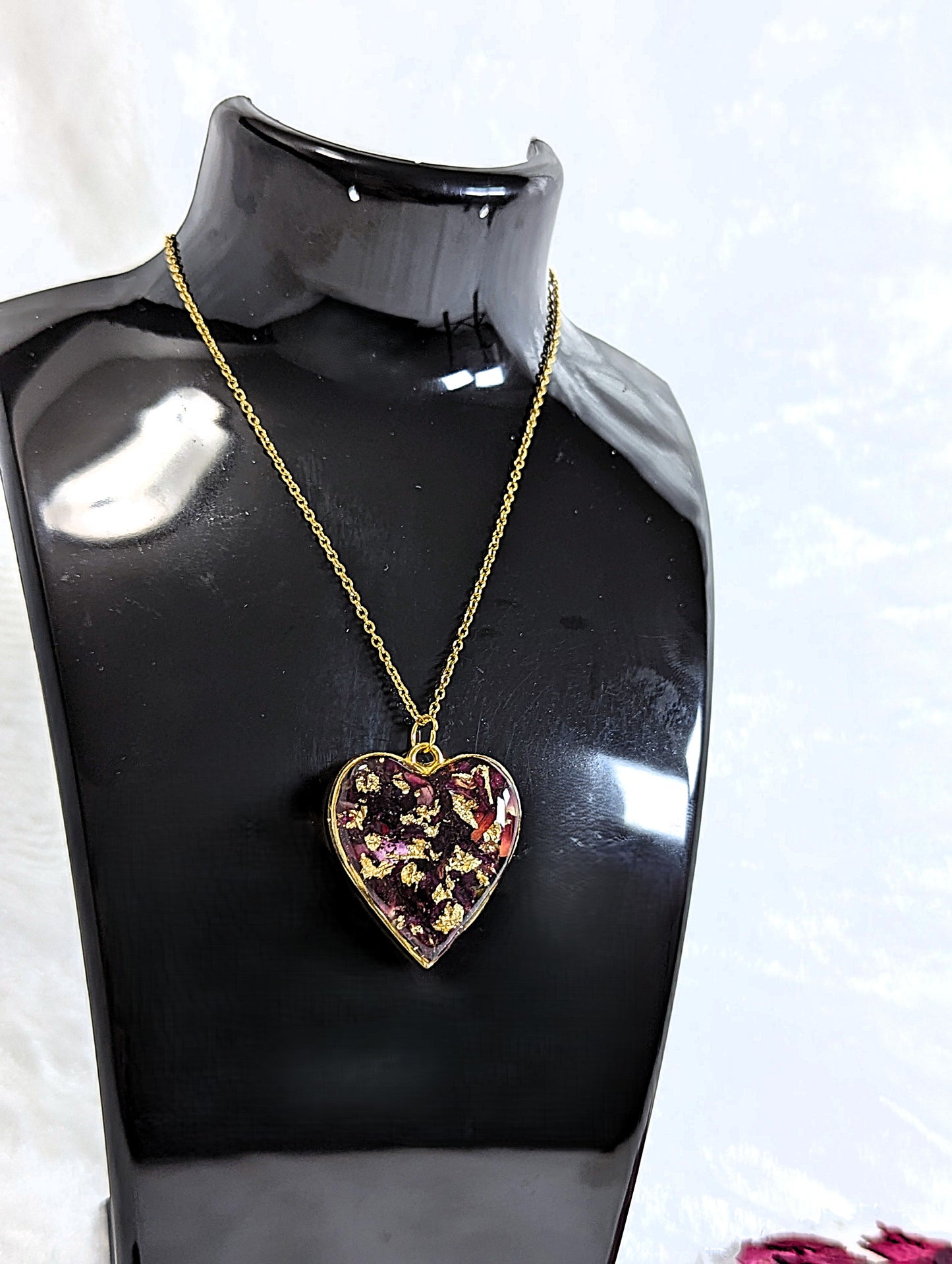 Real Red Rose Petal Heart Resin Necklace