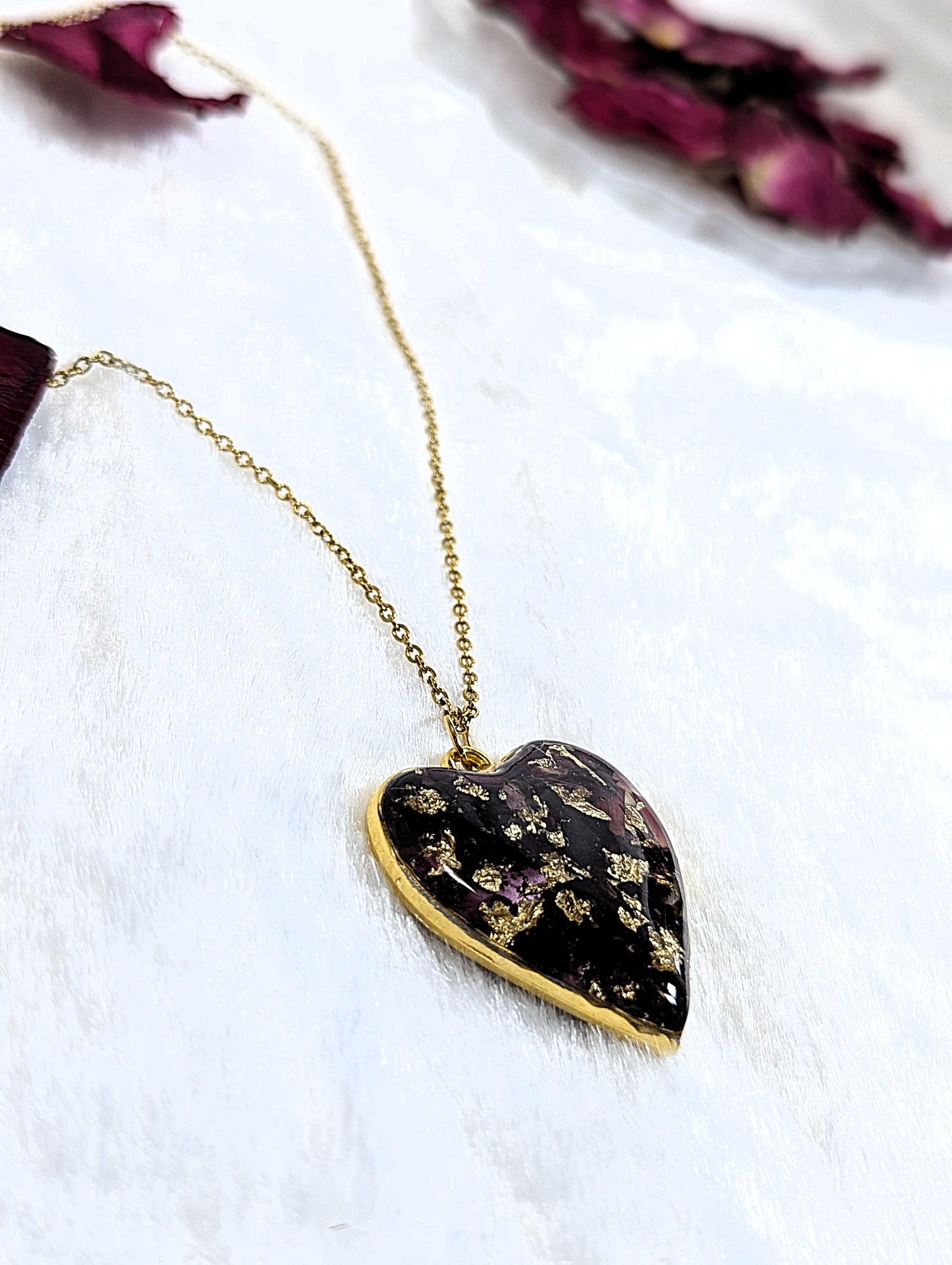 Real Red Rose Petal Heart Resin Necklace