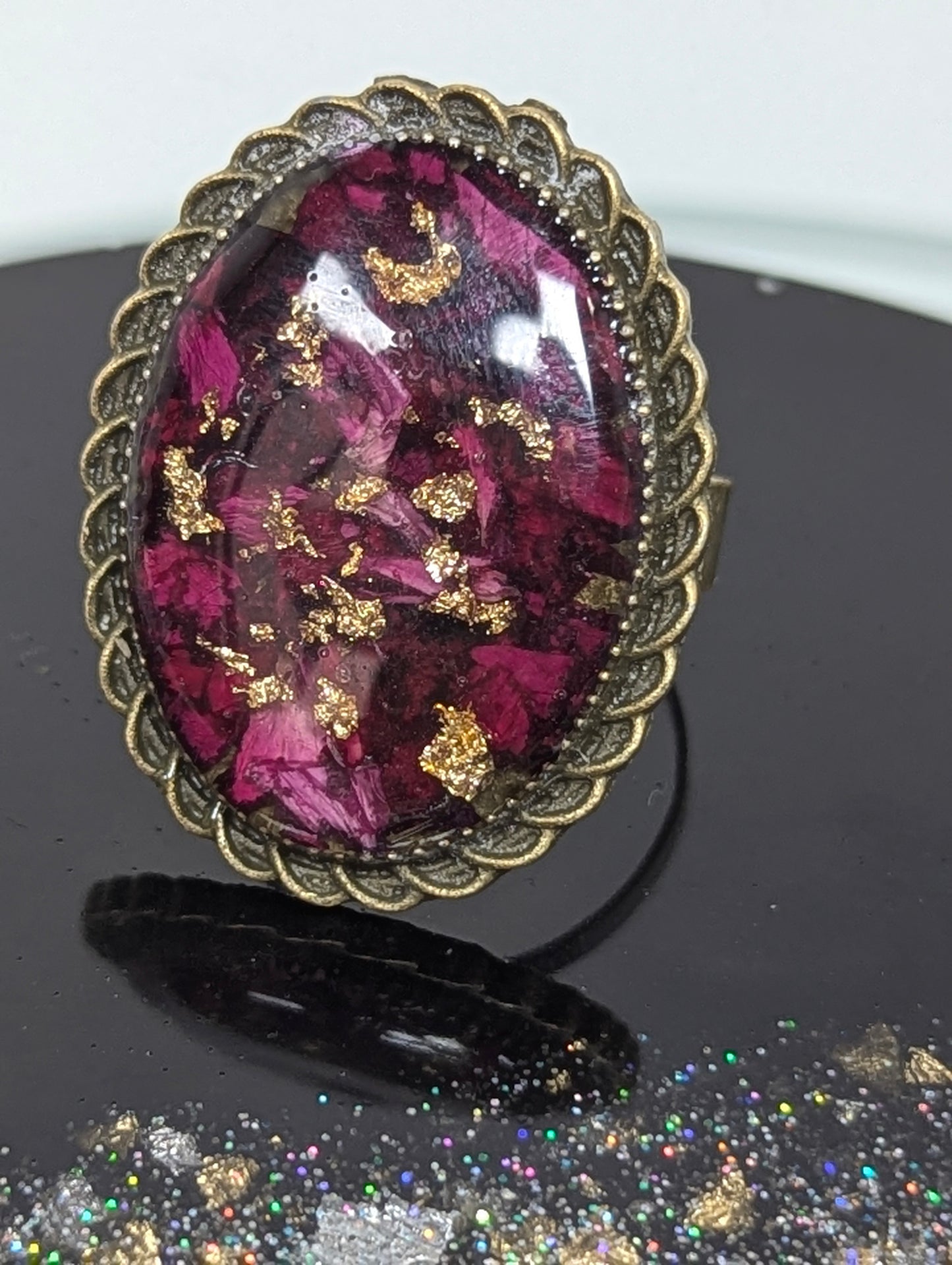 Dry Rose Petals With Gold Flakes Resin Ring