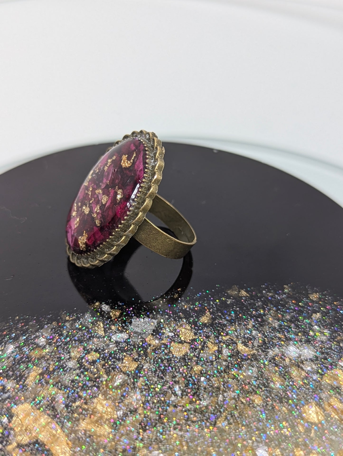 Dry Rose Petals With Gold Flakes Resin Ring