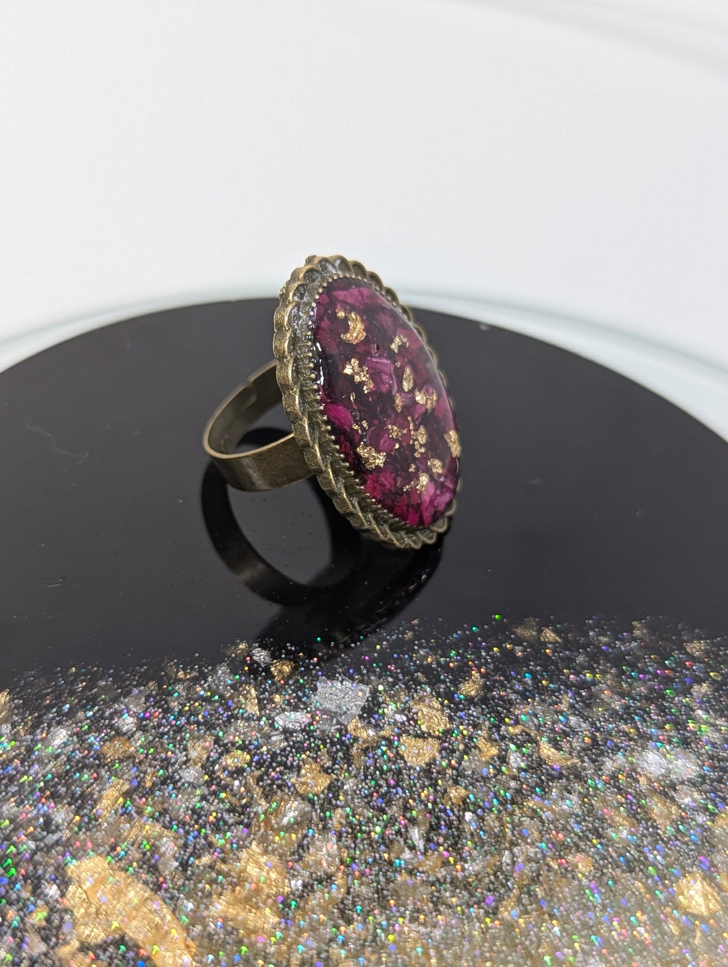 Dry Rose Petals With Gold Flakes Resin Ring