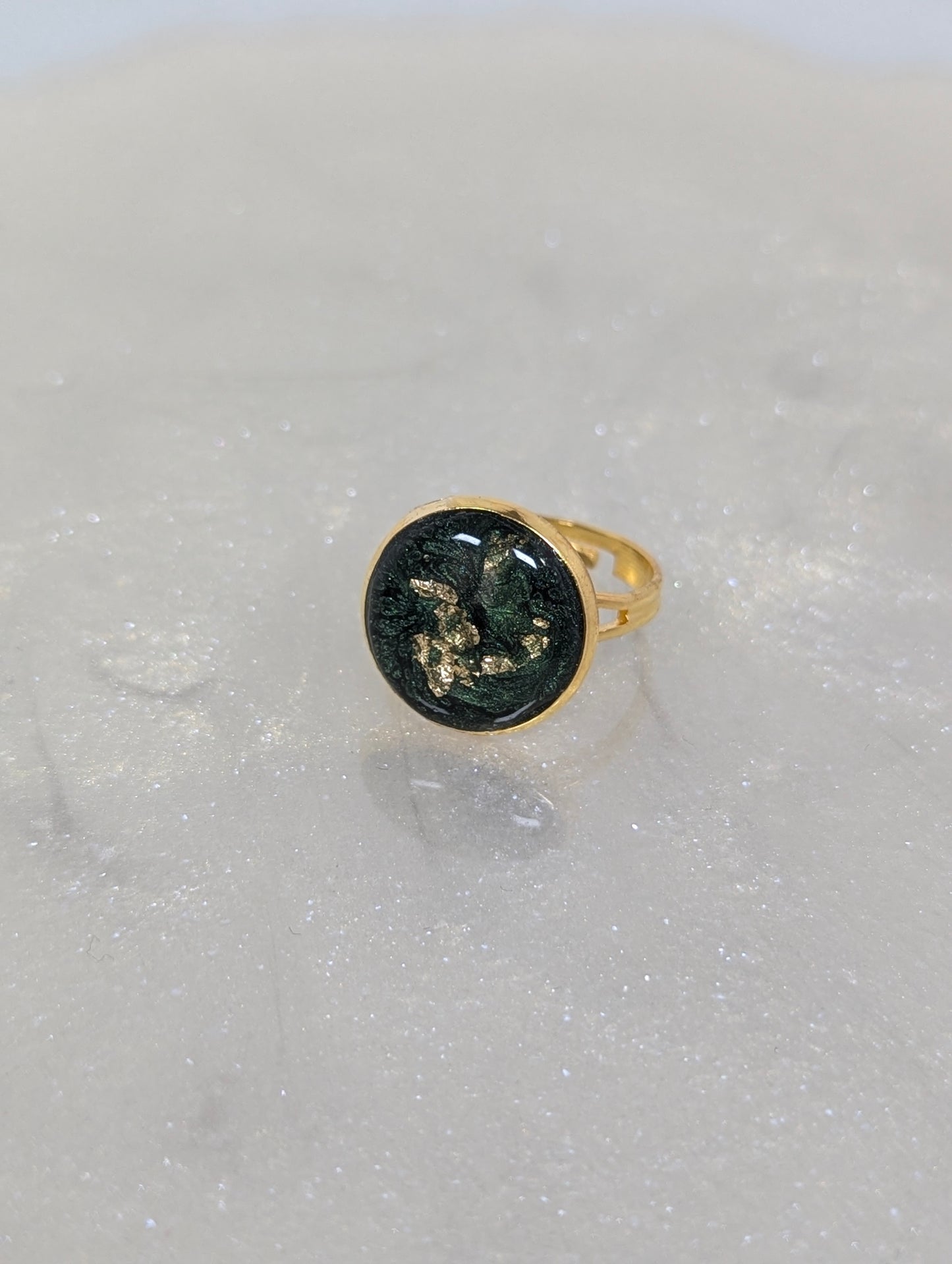 Dark Green Resin Ring with Gold Flakes