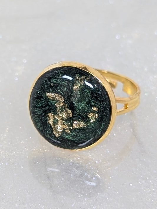 Dark Green Resin Ring with Gold Flakes