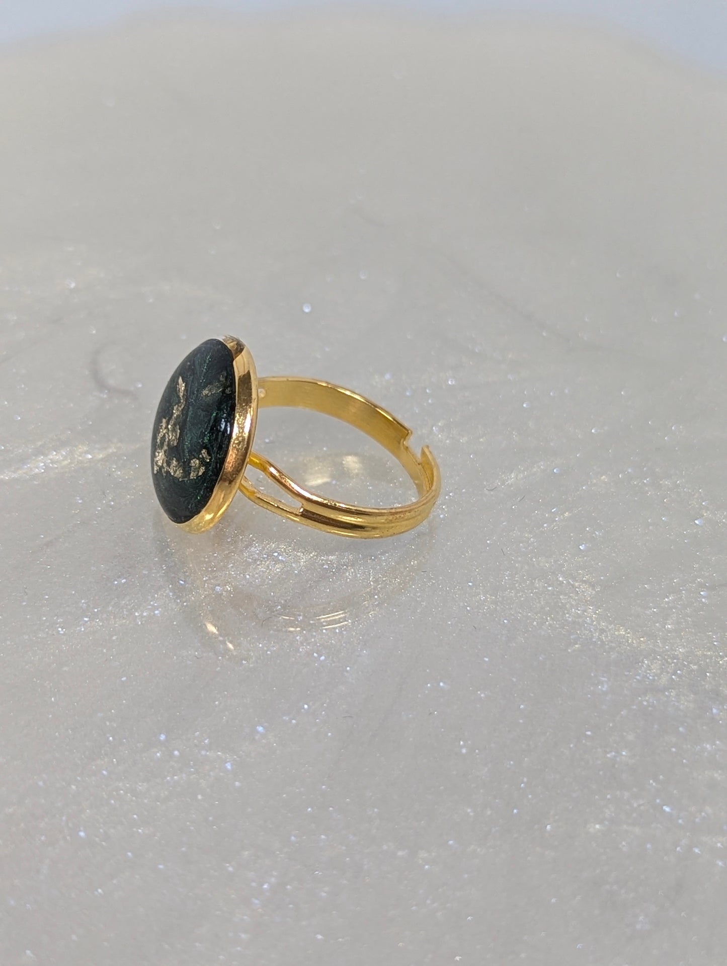 Dark Green Resin Ring with Gold Flakes
