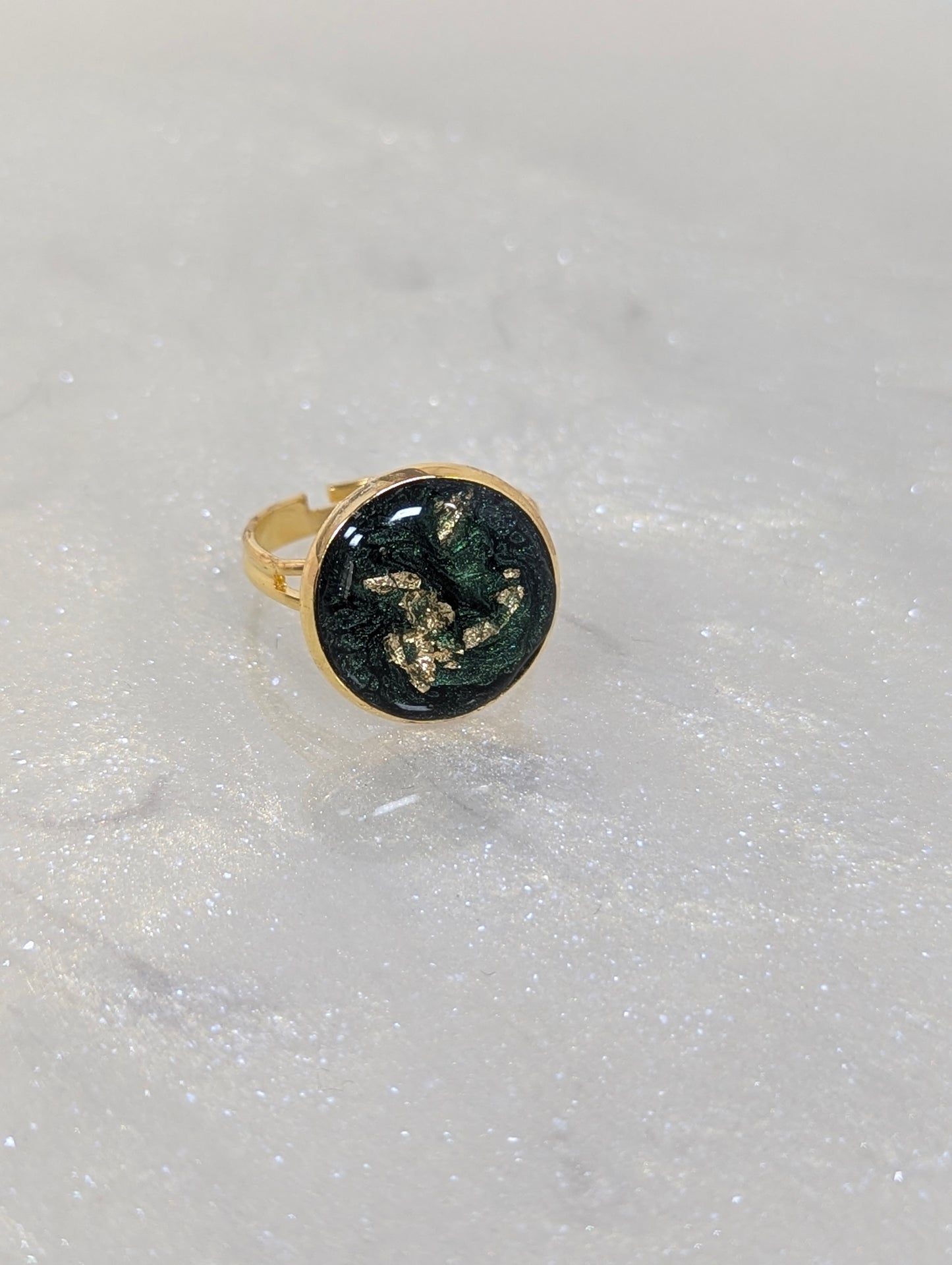 Dark Green Resin Ring with Gold Flakes