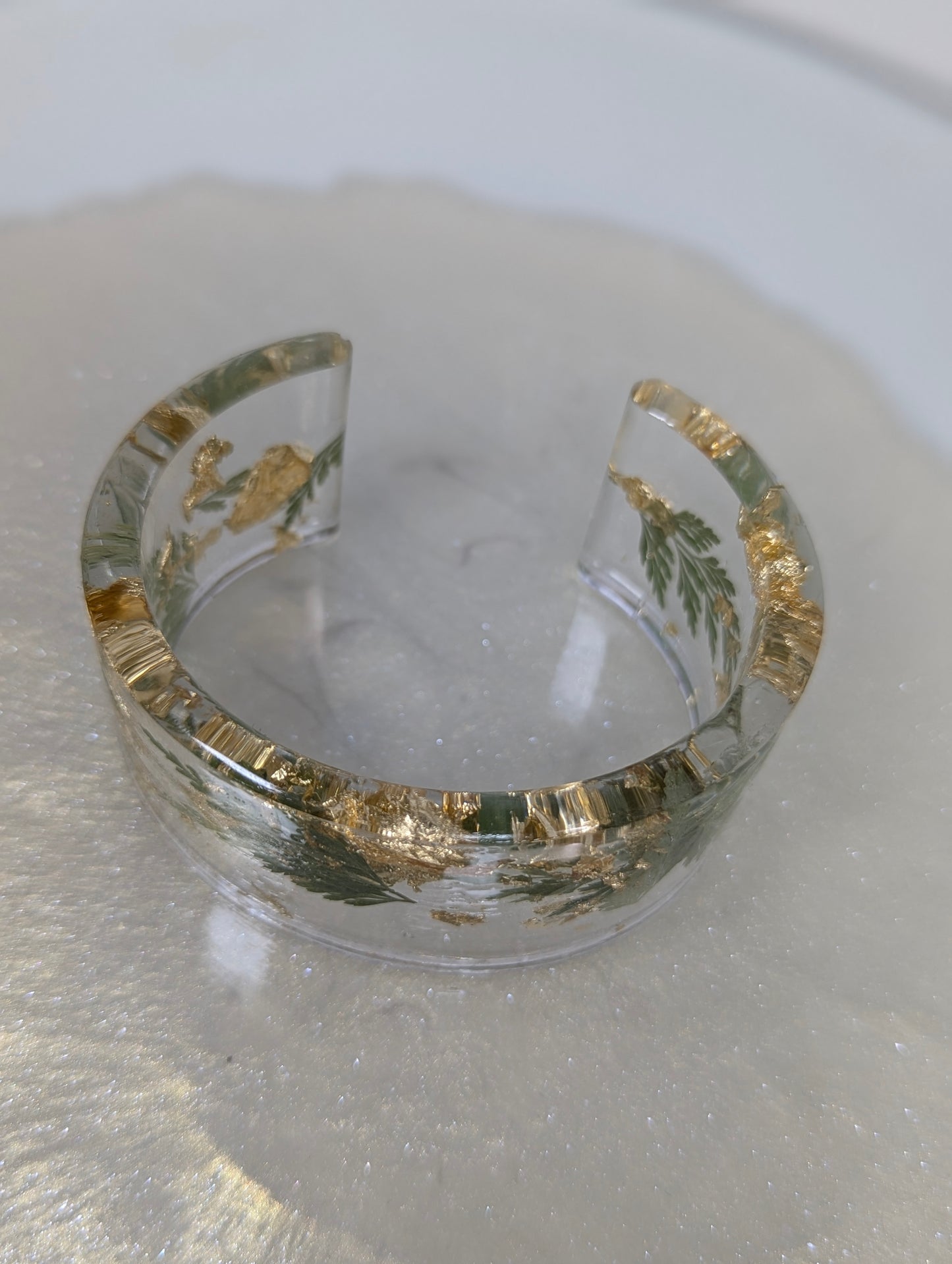 Wide Resin Bangle with Dry Leaves and Gold Flakes