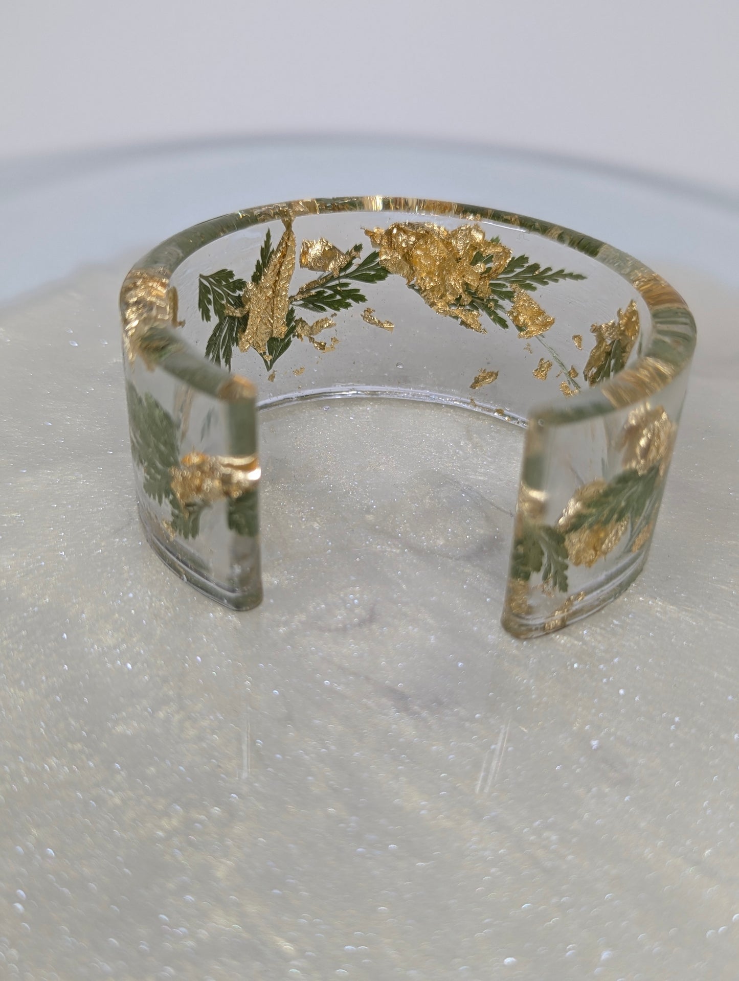 Wide Resin Bangle with Dry Leaves and Gold Flakes