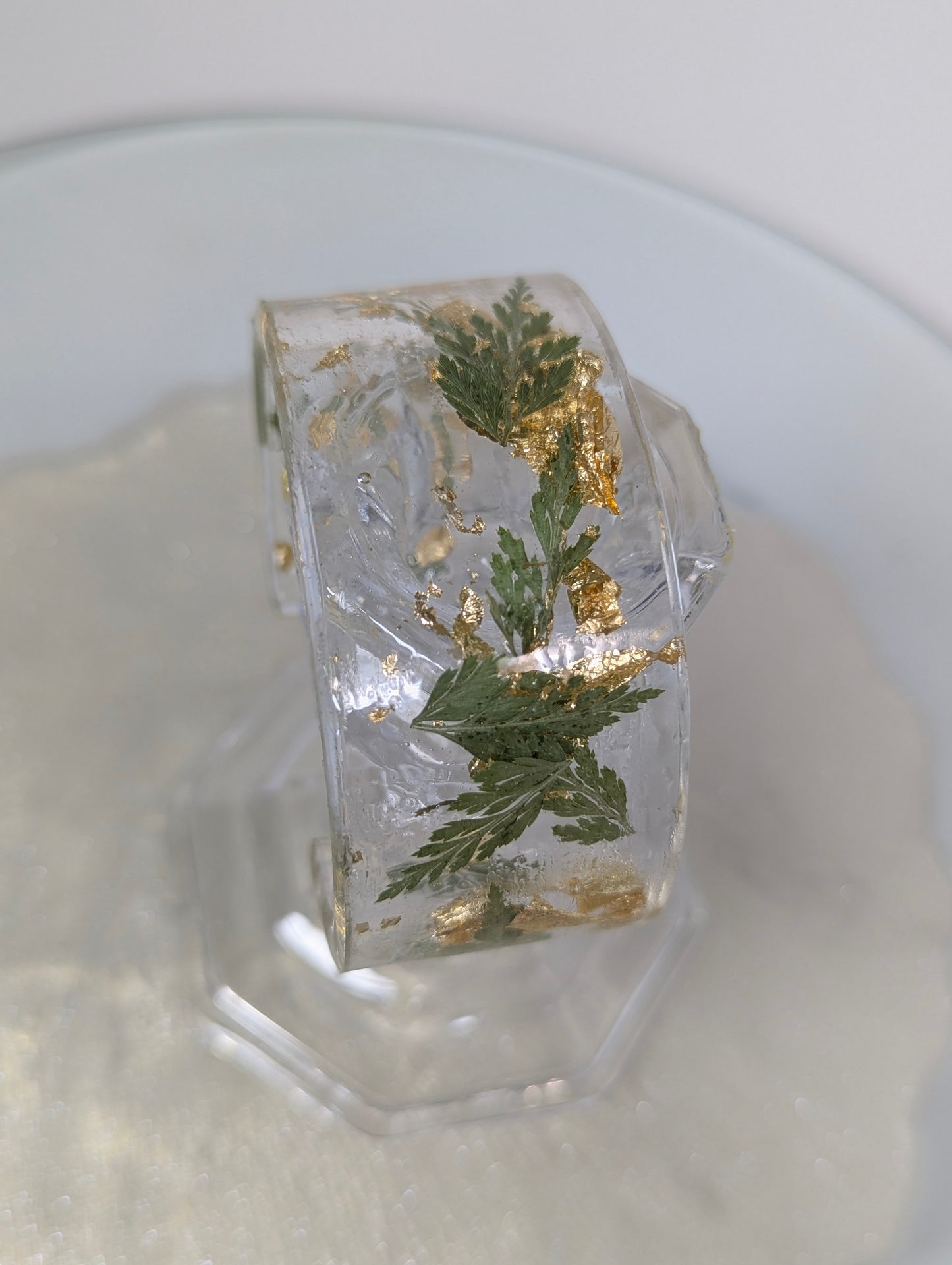 Wide Resin Bangle with Dry Leaves and Gold Flakes