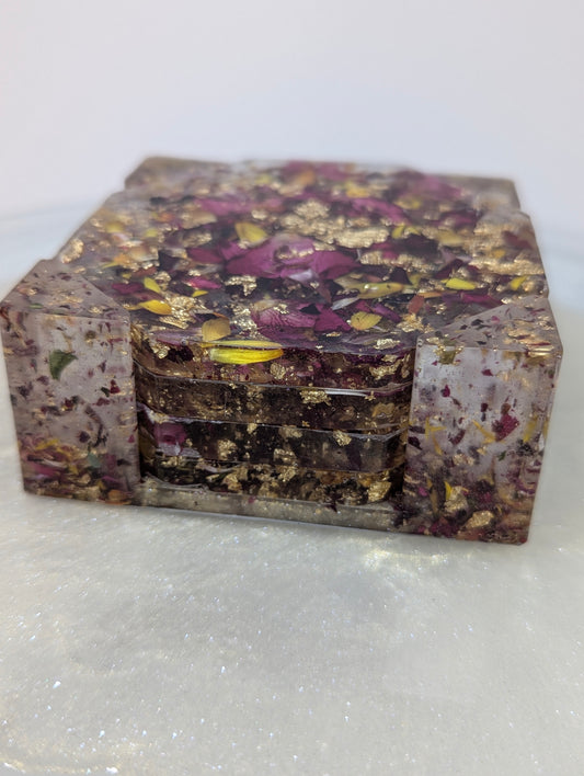 Rose Petals with Gold Flakes Resin Coaster Set with Stand