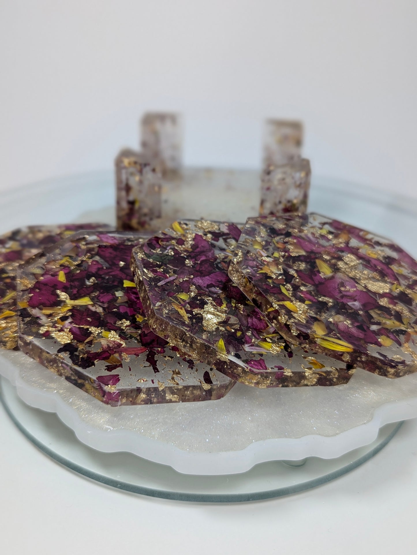 Rose Petals with Gold Flakes Resin Coaster Set with Stand