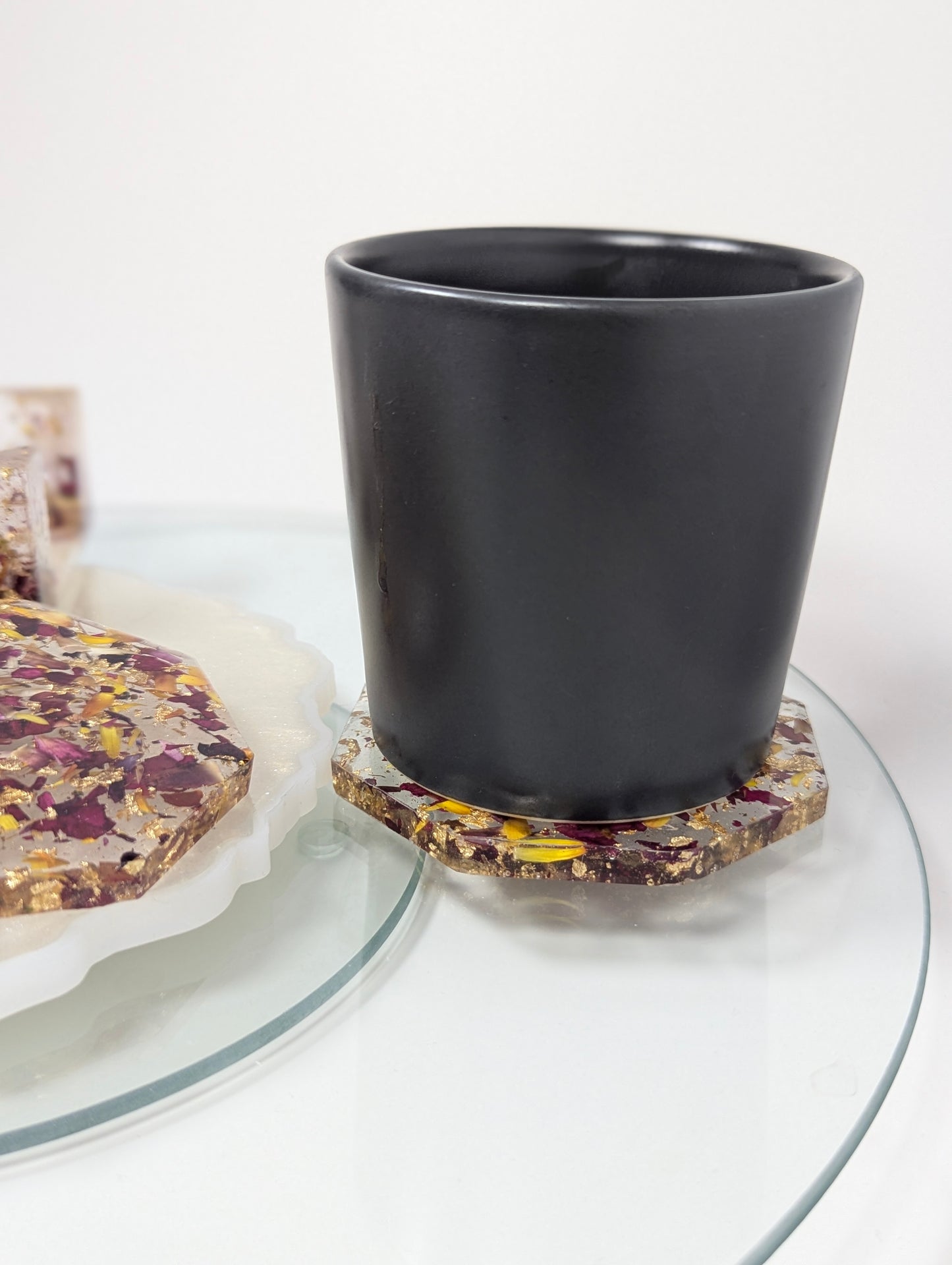 Rose Petals with Gold Flakes Resin Coaster Set with Stand