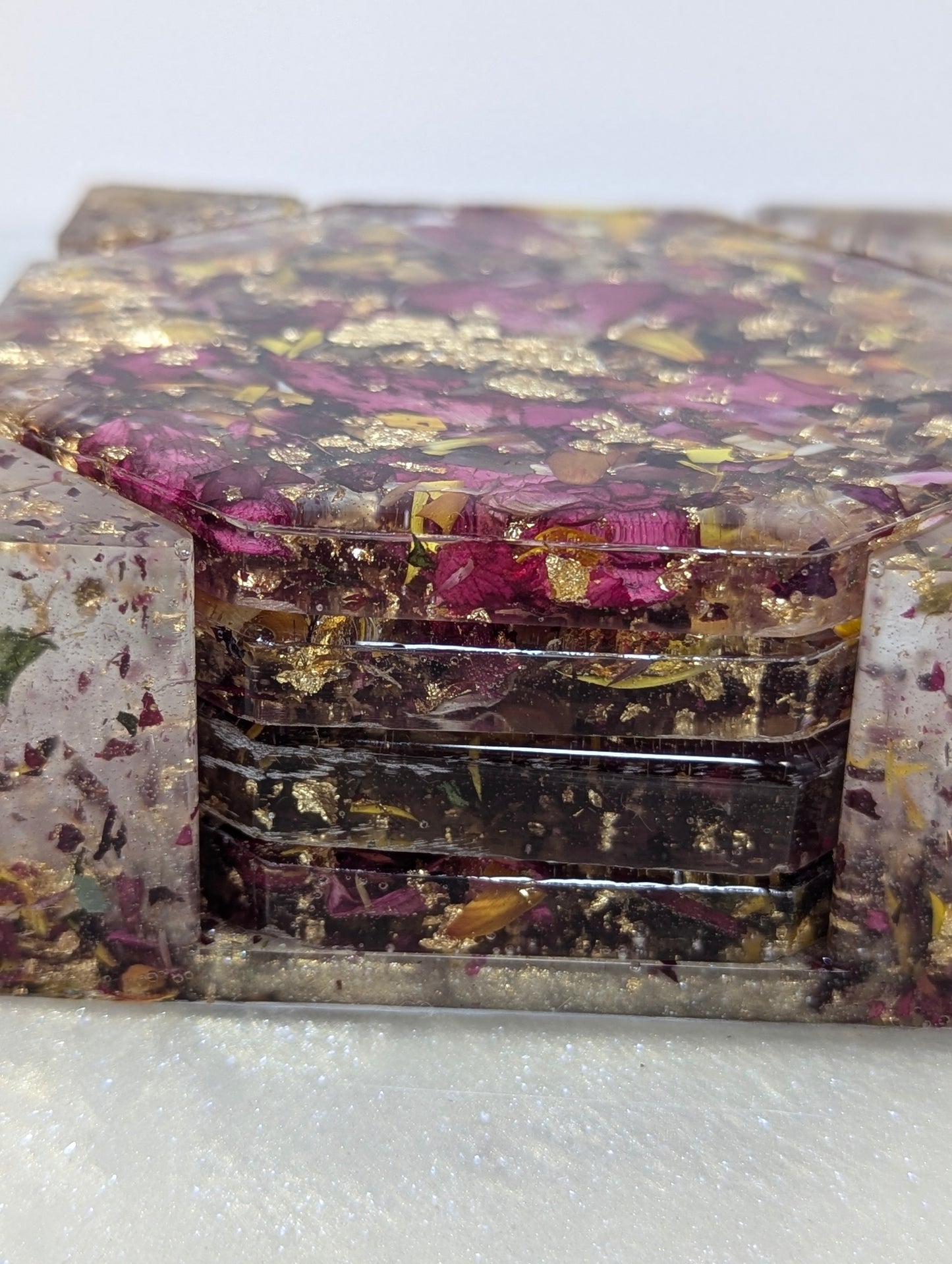 Rose Petals with Gold Flakes Resin Coaster Set with Stand