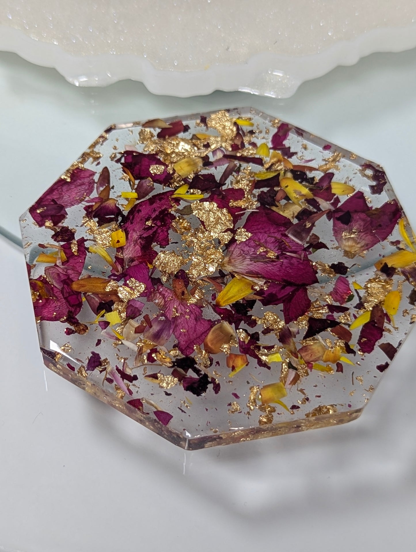 Rose Petals with Gold Flakes Resin Coaster Set with Stand