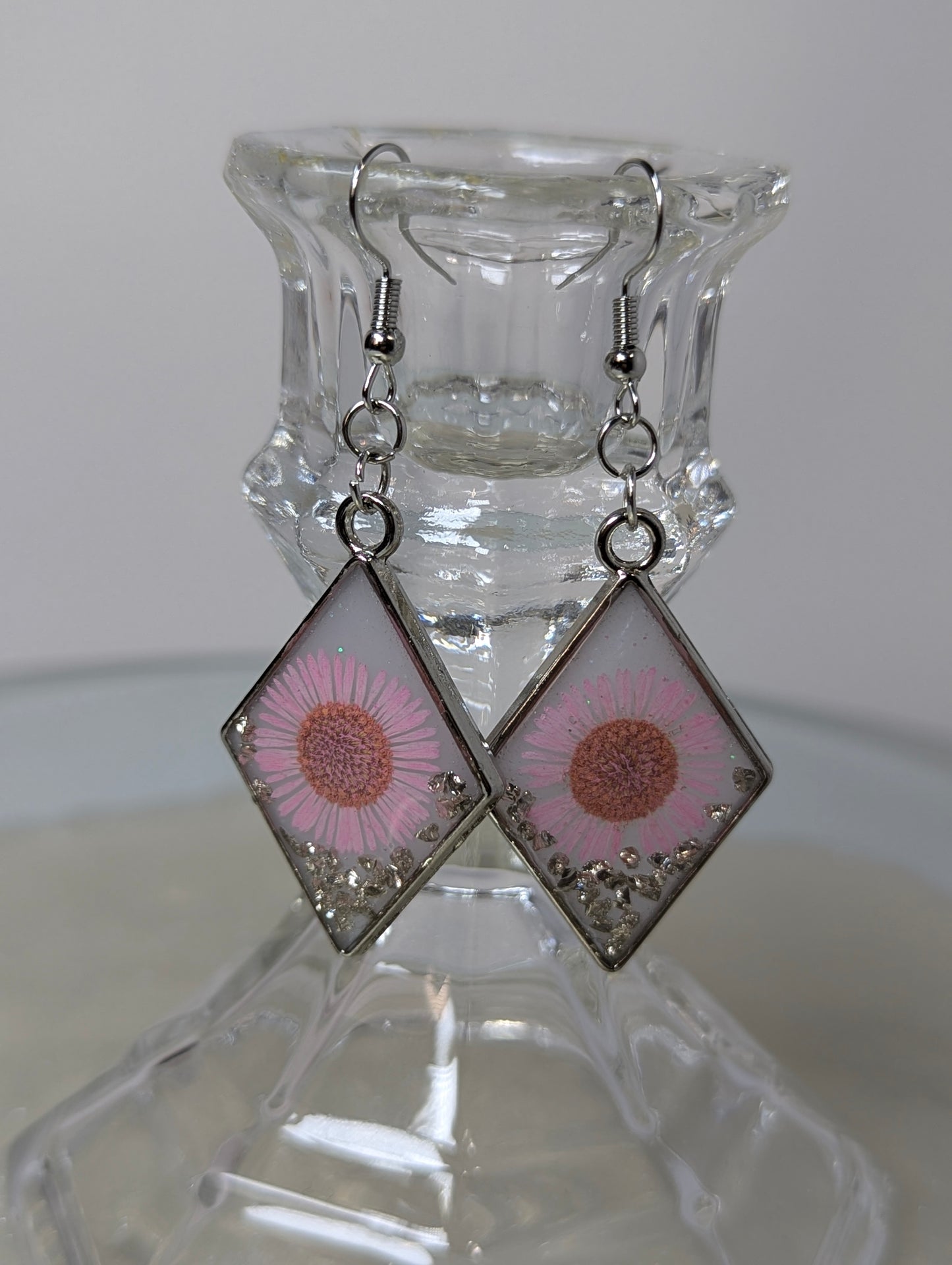 White Resin Earrings with Pink Daisy Flowers and Silver Stones