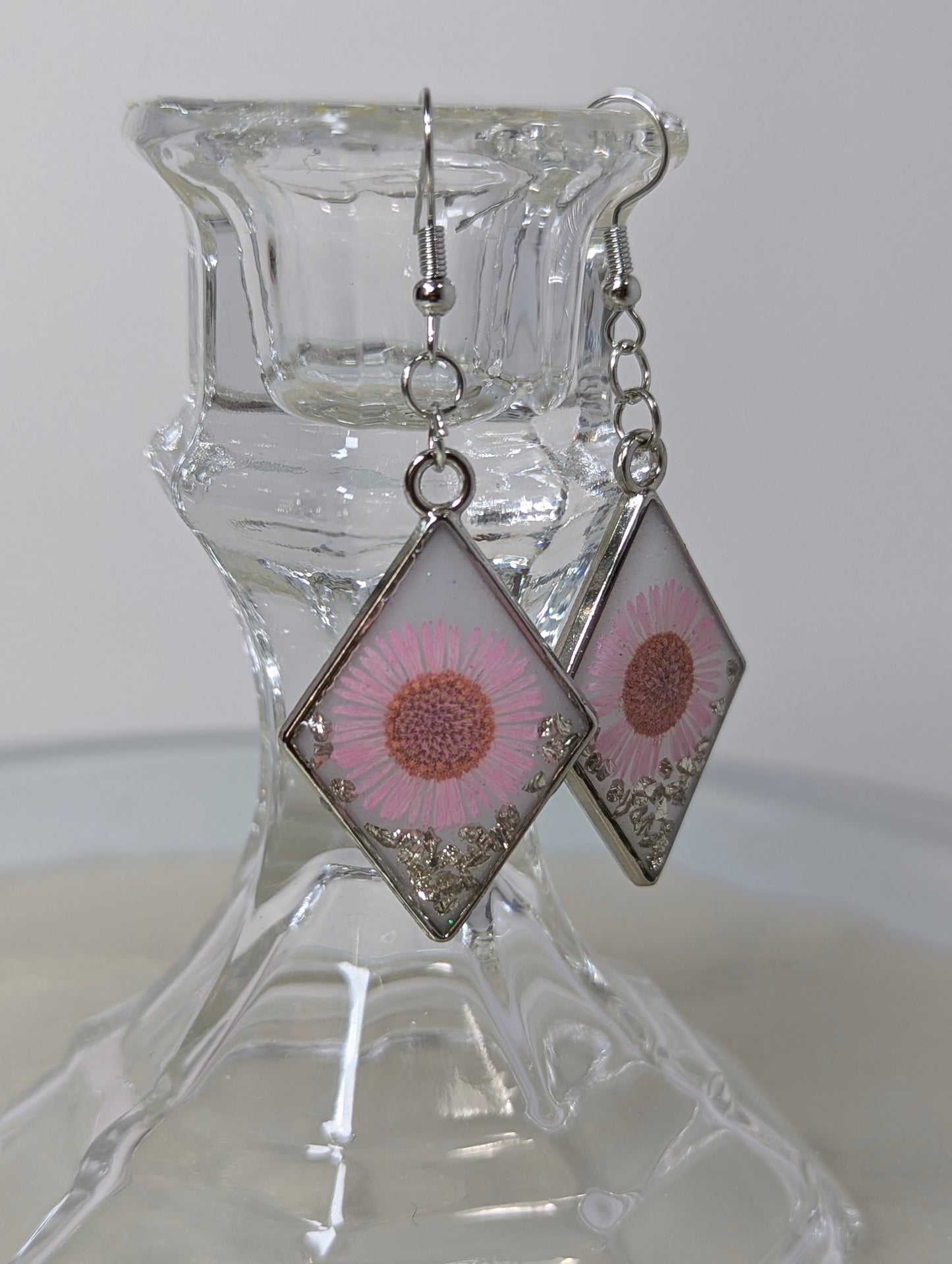 White Resin Earrings with Pink Daisy Flowers and Silver Stones