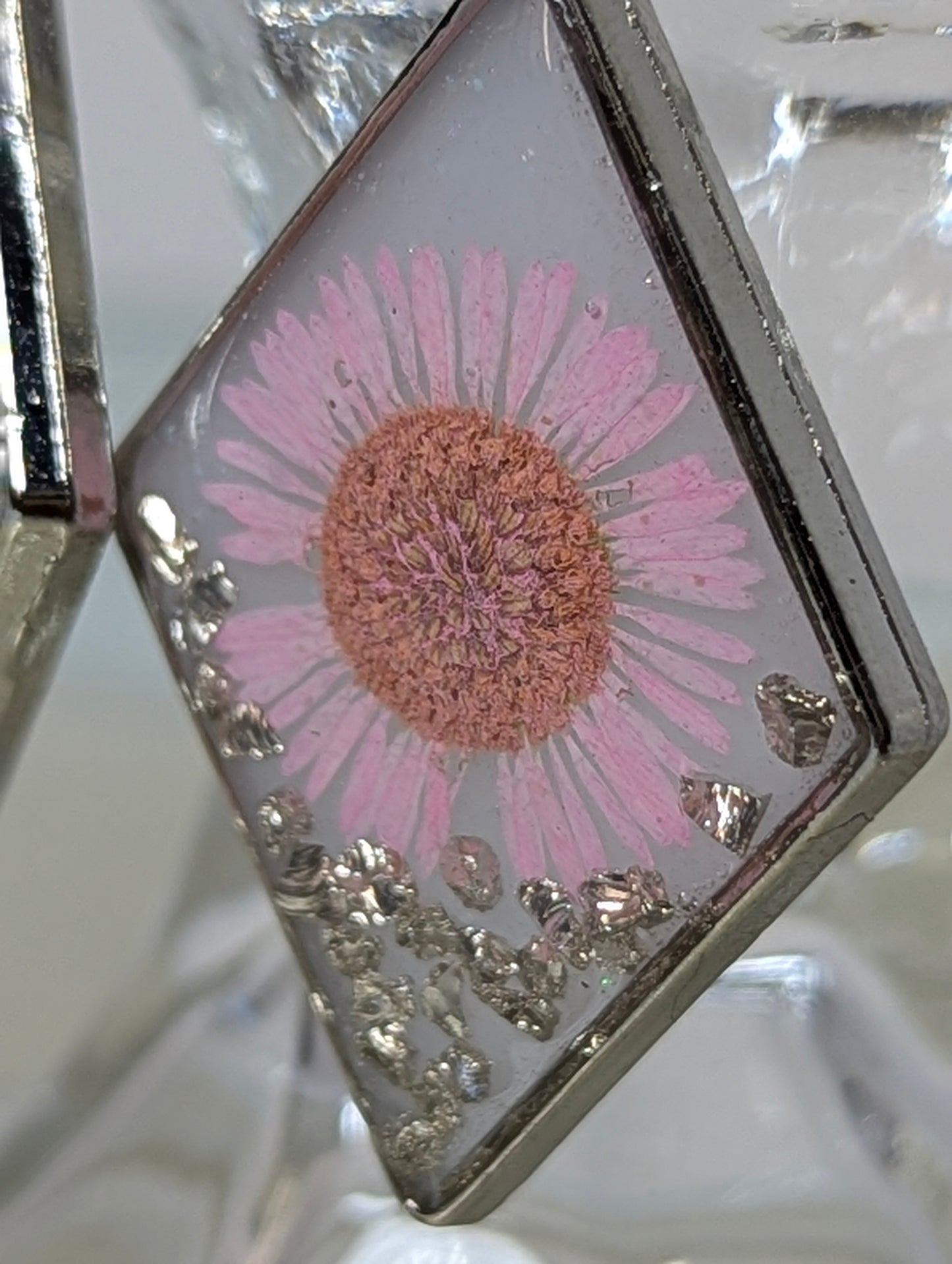 White Resin Earrings with Pink Daisy Flowers and Silver Stones