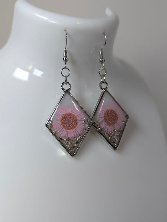 White Resin Earrings with Pink Daisy Flowers and Silver Stones