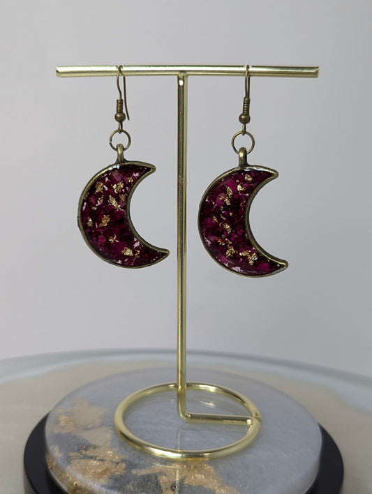 Rose Petal with Gold Flakes Moon-Shaped Earrings