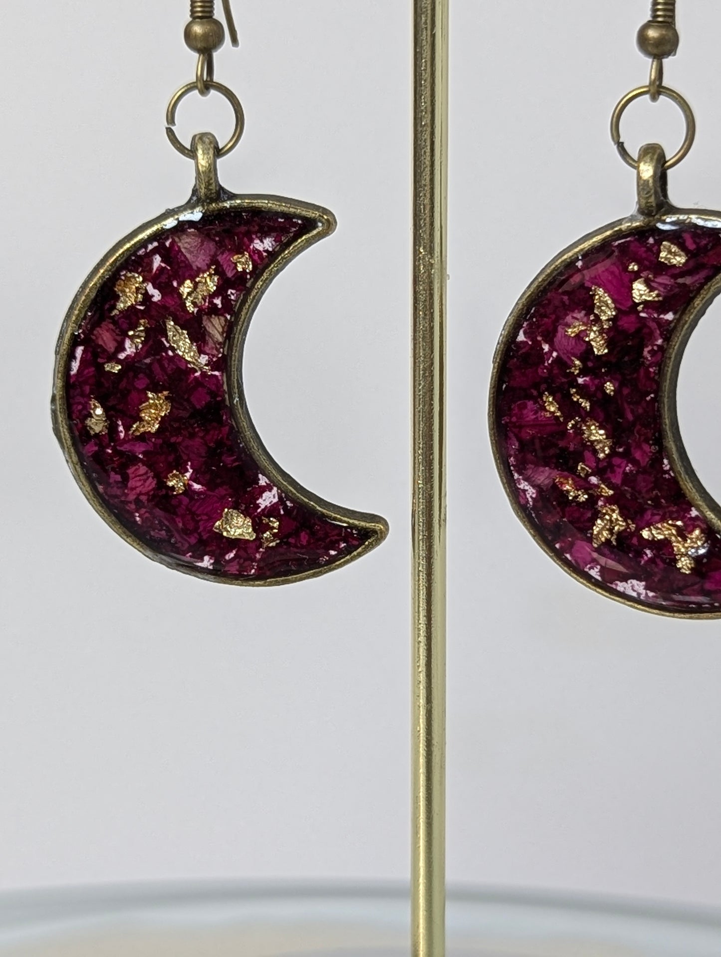Rose Petal with Gold Flakes Moon-Shaped Earrings