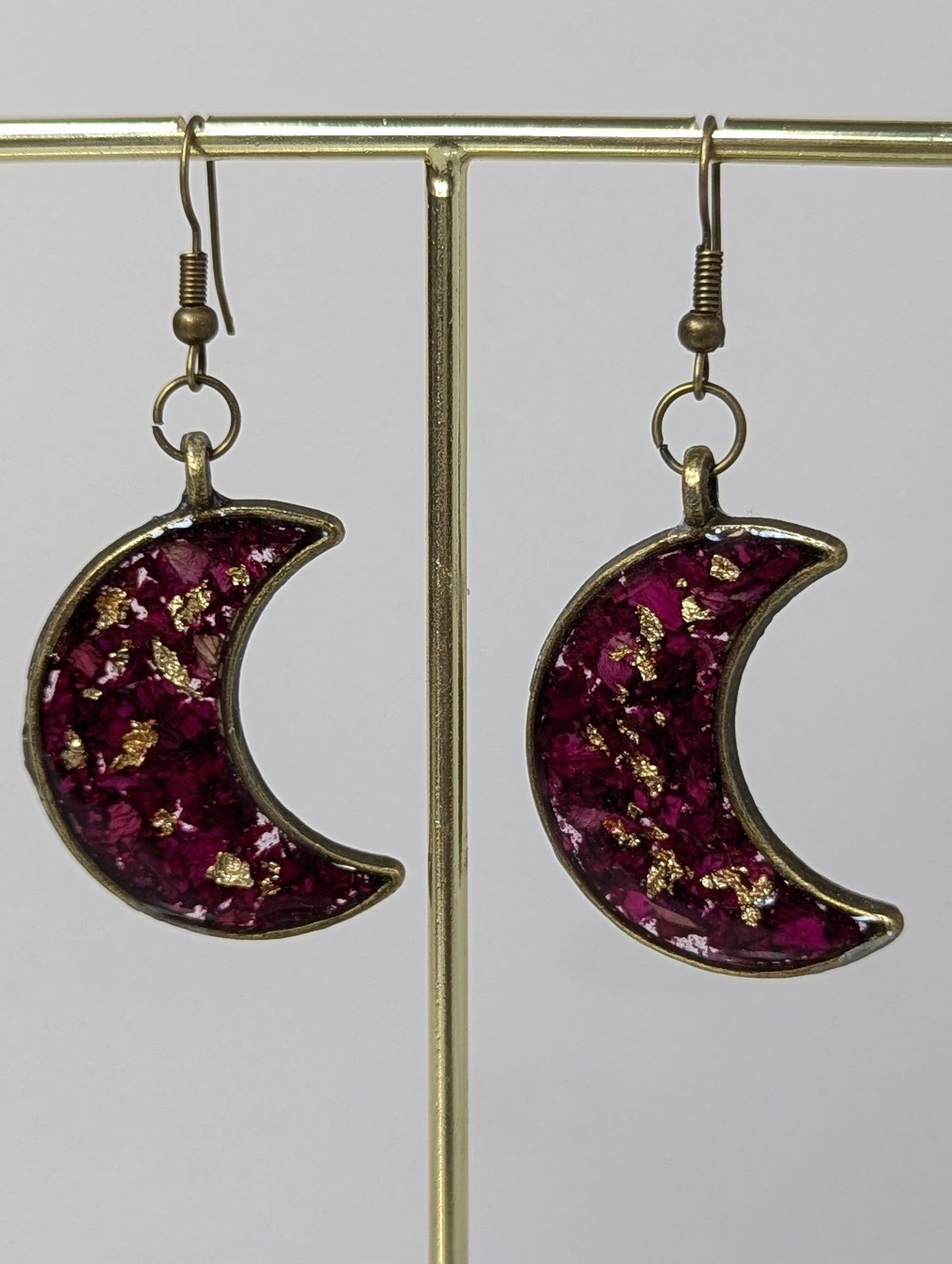 Rose Petal with Gold Flakes Moon-Shaped Earrings