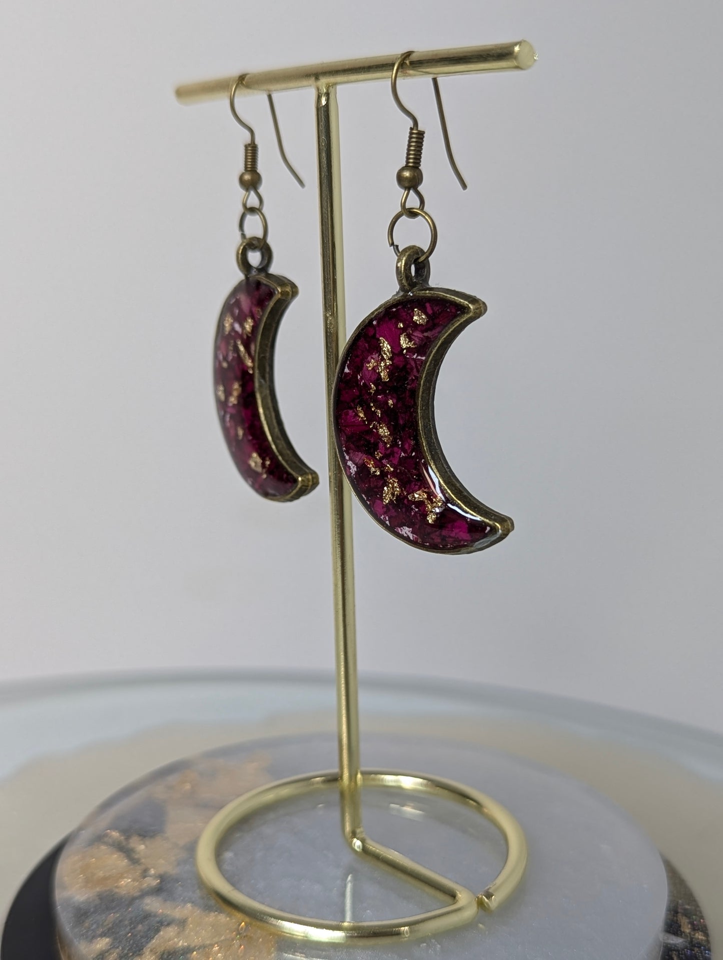 Rose Petal with Gold Flakes Moon-Shaped Earrings