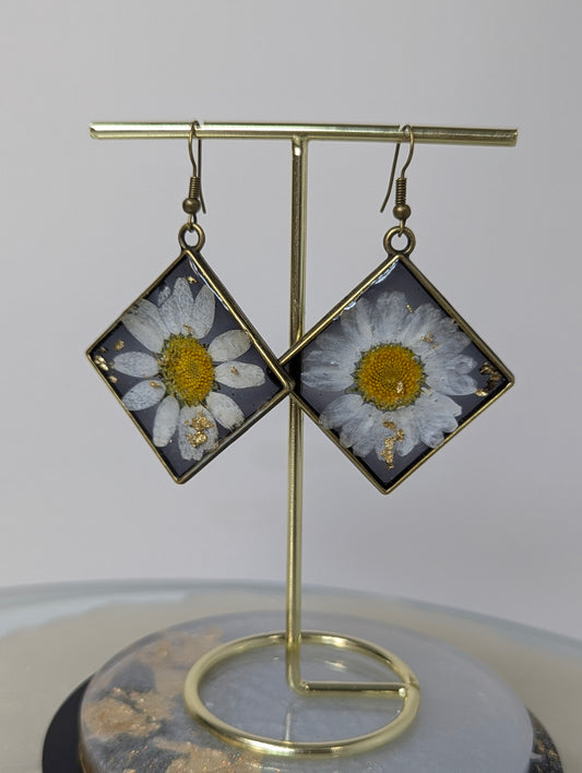 White Daisy Flowers with Black Base Resin Earrings