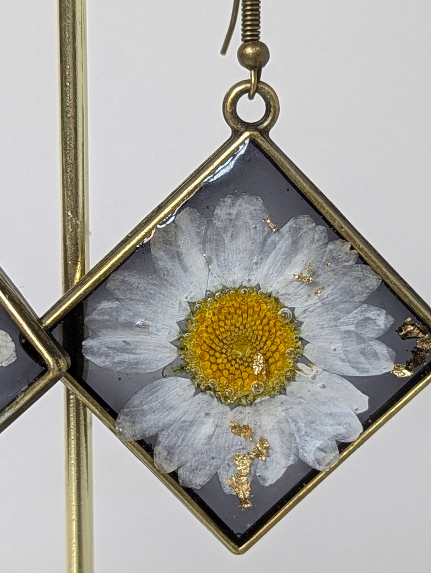 White Daisy Flowers with Black Base Resin Earrings