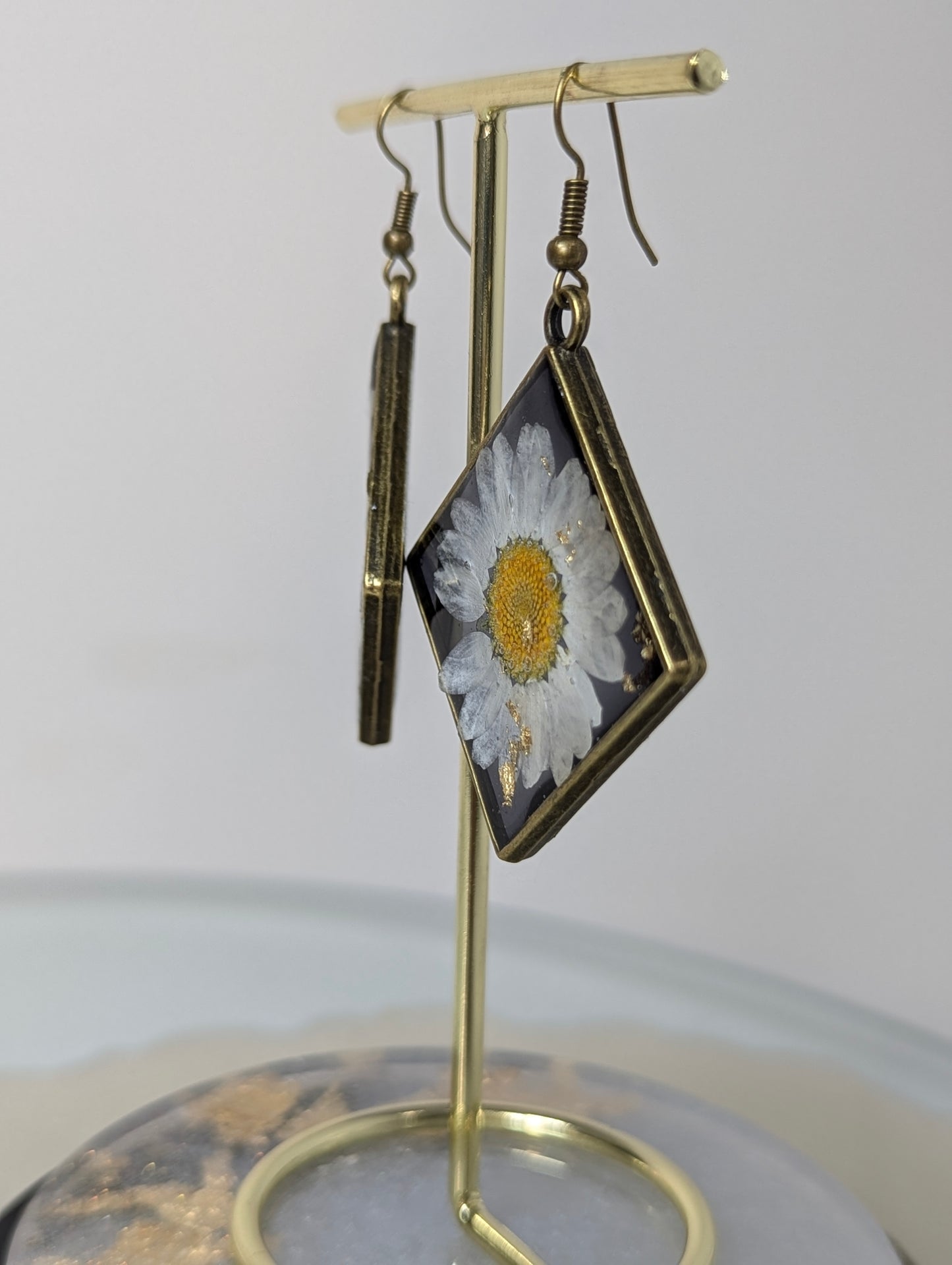 White Daisy Flowers with Black Base Resin Earrings
