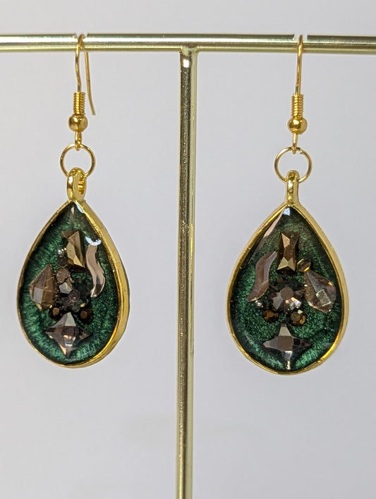 Green with Rhinestones Resin Earrings