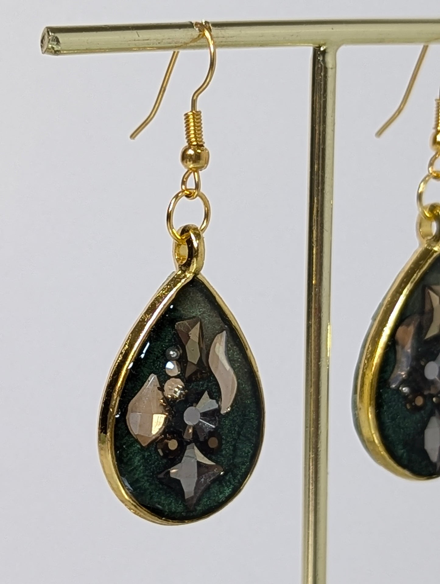 Green with Rhinestones Resin Earrings