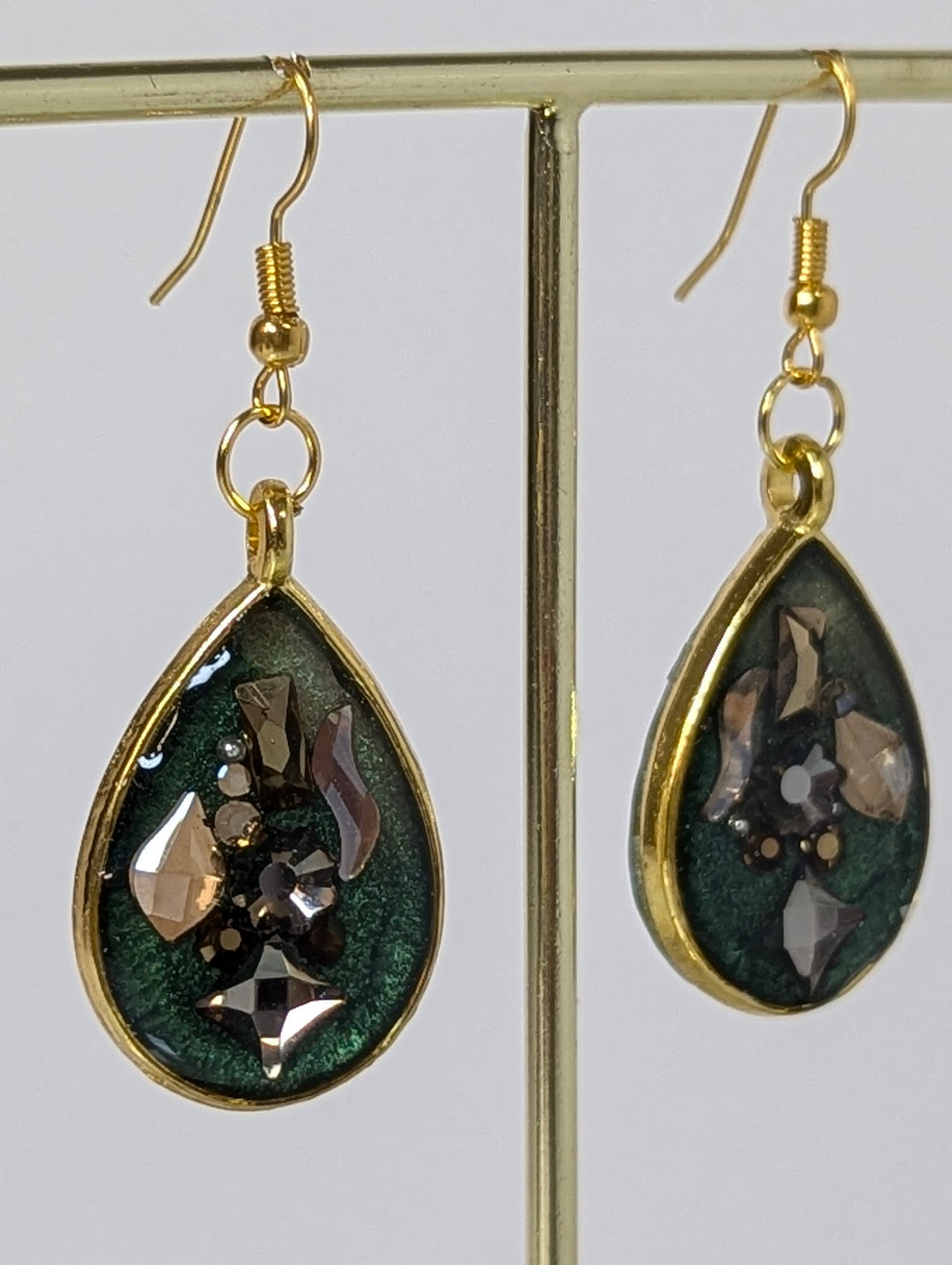 Green with Rhinestones Resin Earrings