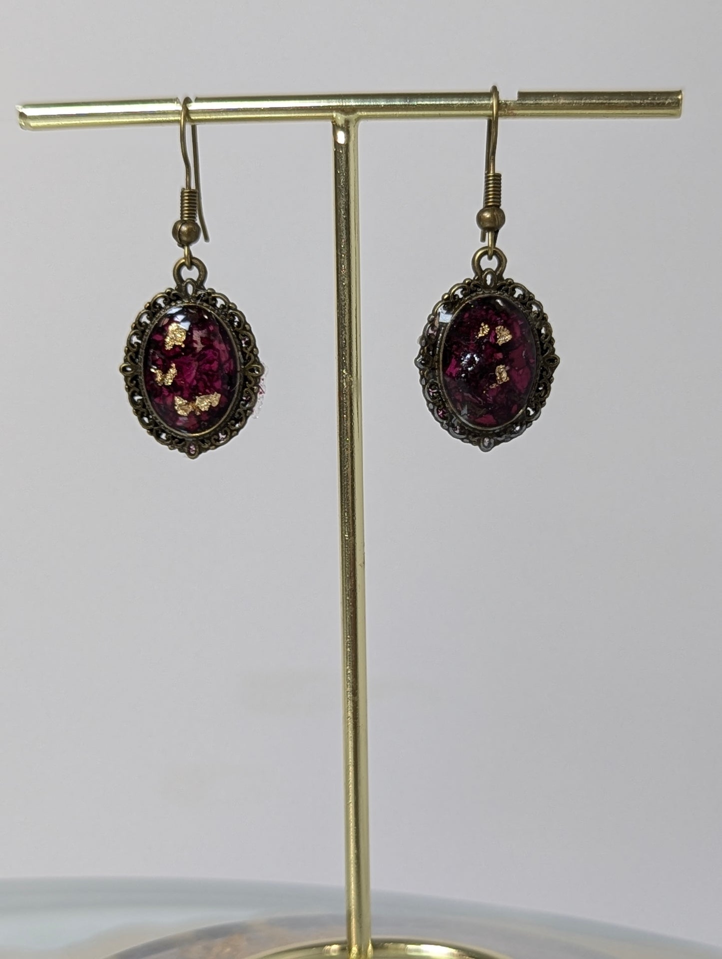 Bronze Resin Earrings with Rose Petals